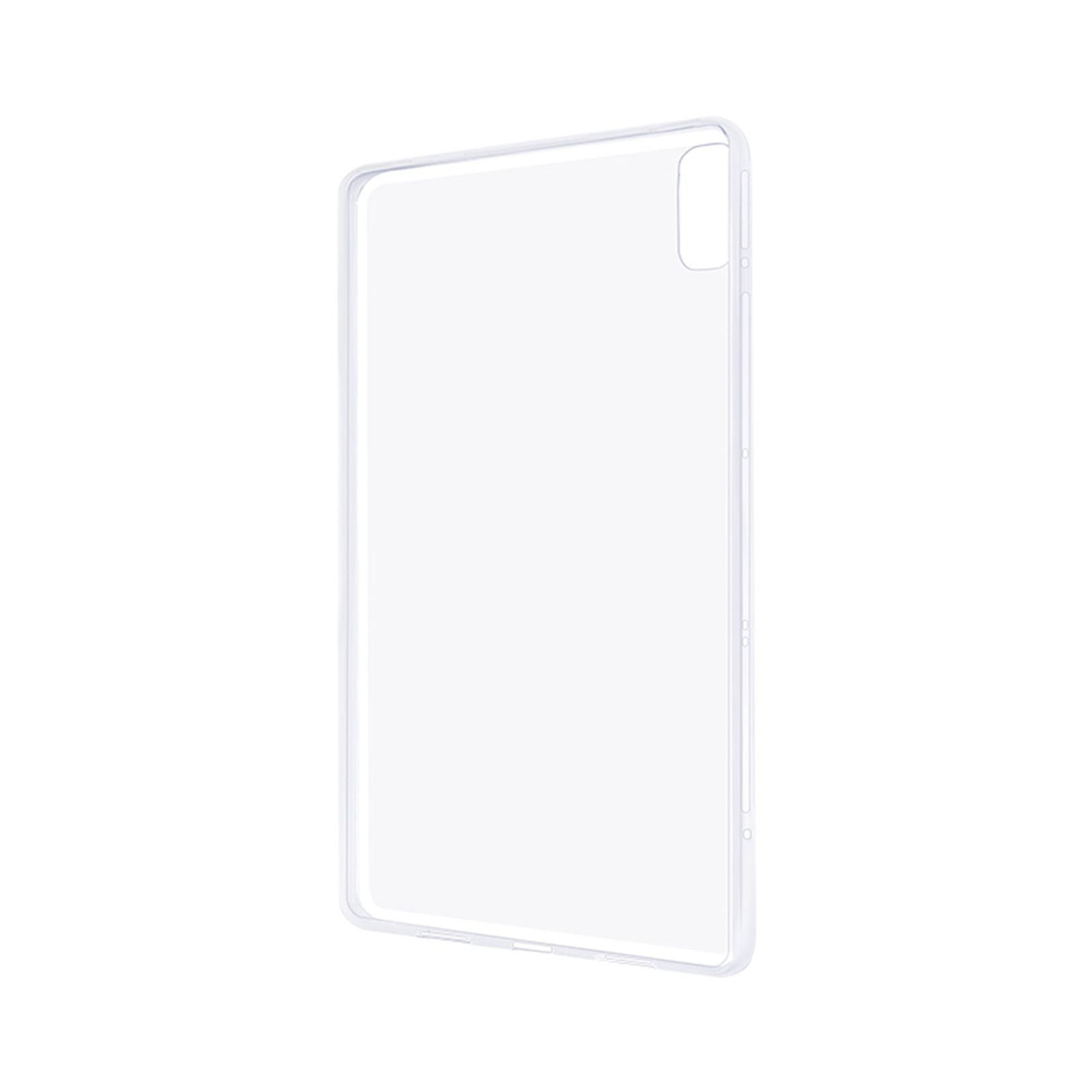 Transparente Tablet-Hülle auf weißem Hintergrund. Die Hülle ist rechteckig mit abgerundeten Ecken.