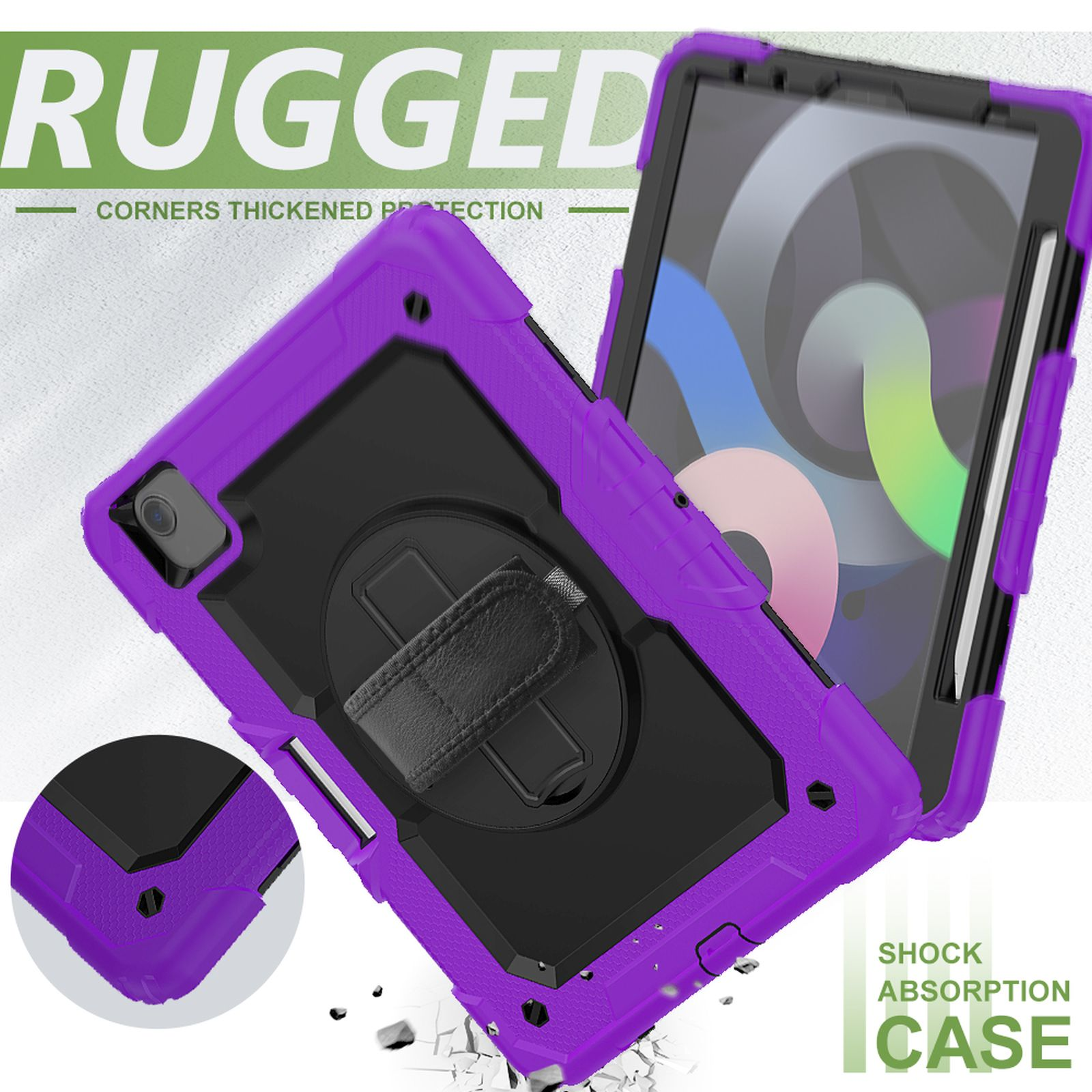 Violette Tablethülle, robustes Design mit Handschlaufe und Tablet.