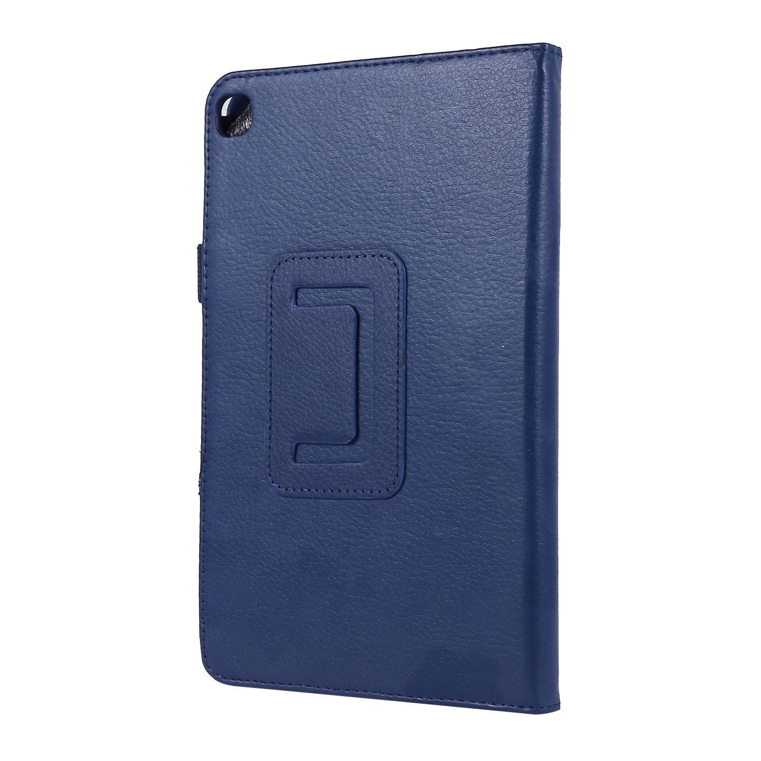 Blaue Tablet-Hülle, geschlossen, mit einem Ausschnitt für die Kamera und einer Handschlaufe.