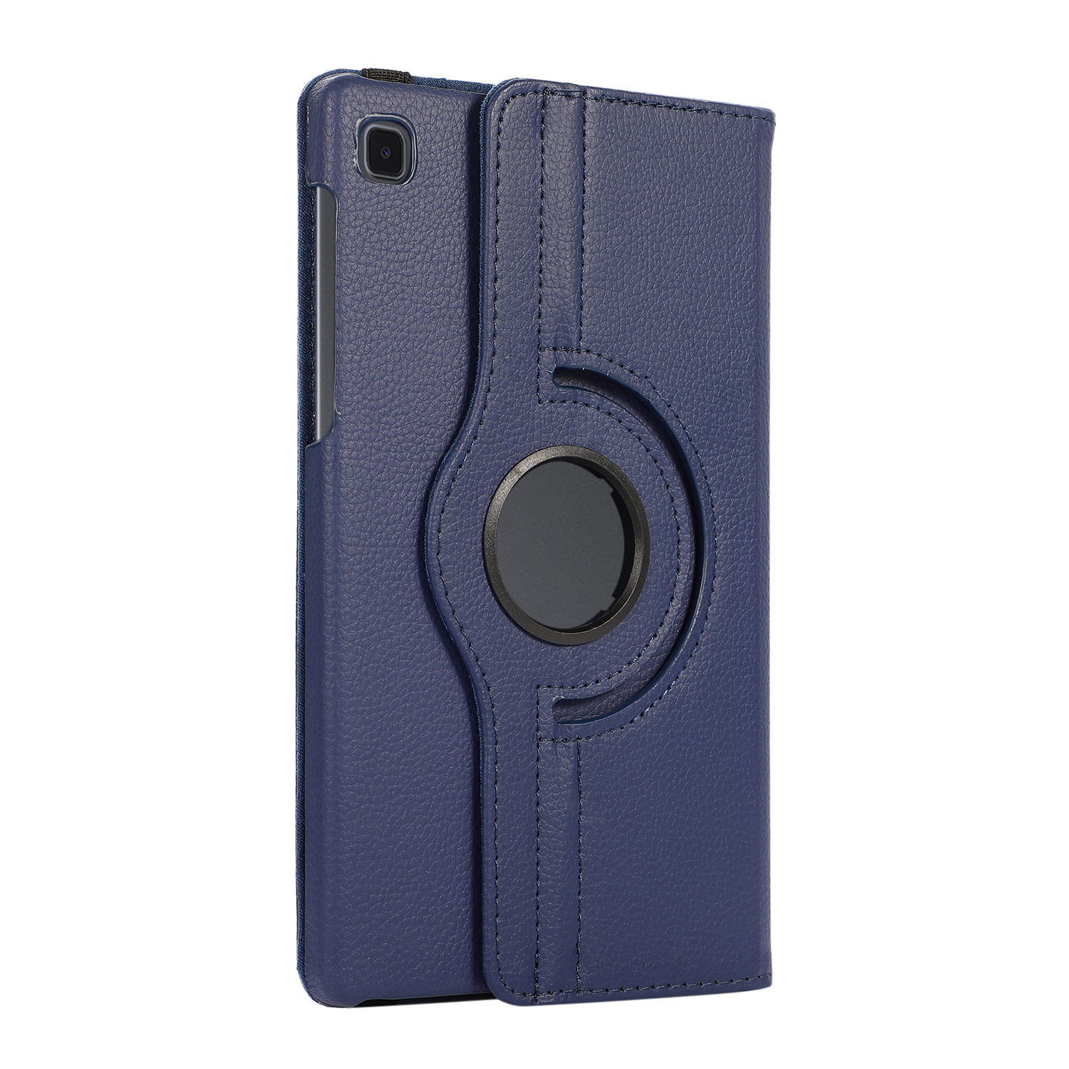 Eine marineblaue Tablet-Hülle aus Leder mit kreisförmigem Drehgelenk, geschlossen, auf weißem Hintergrund.