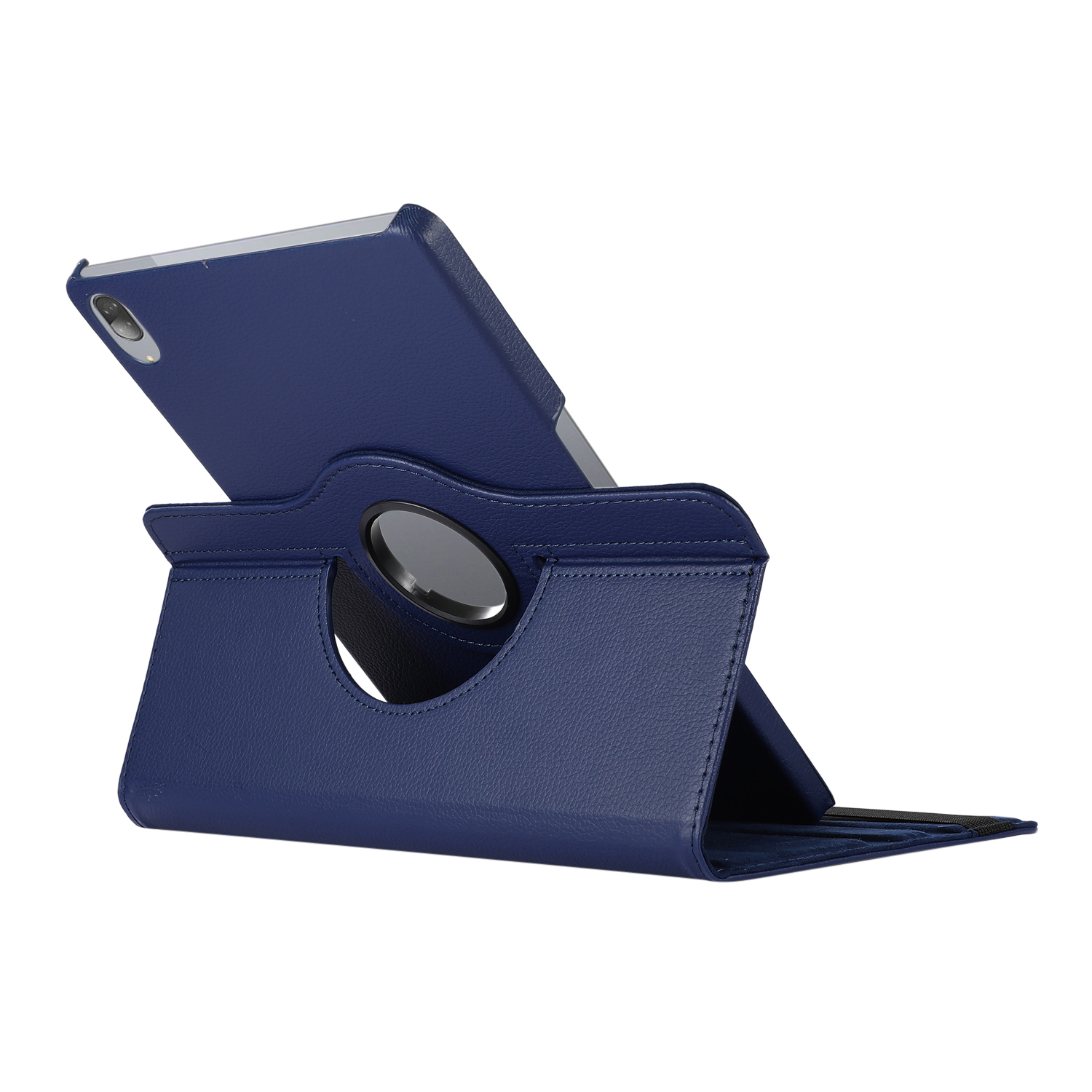 Dunkelblaue Tablet-Hülle, auf einem Ständer aufgestellt. Der Ständer ist dunkelblau und hat einen silbernen Ring.