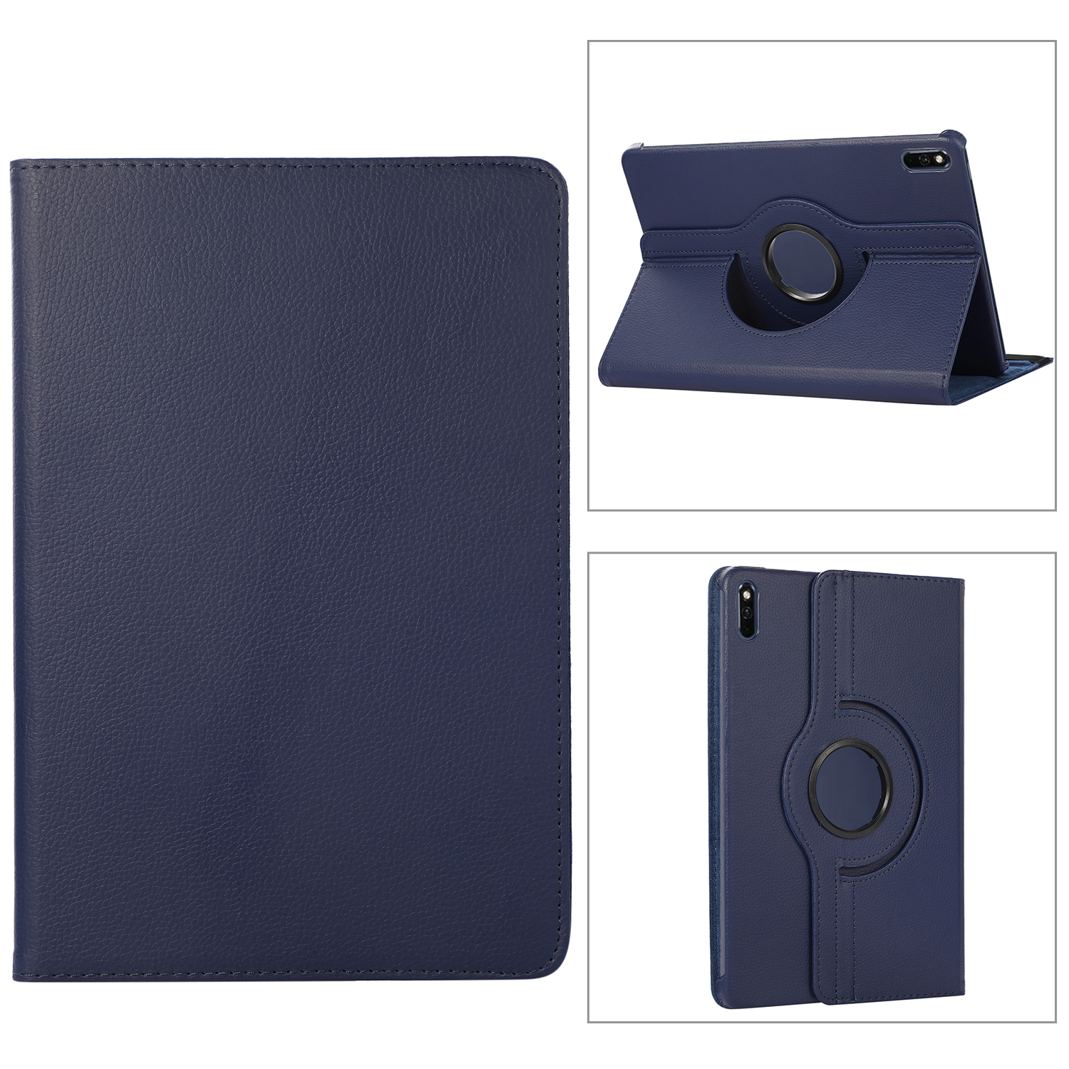Blaue Leder-Tablethülle, mit verschiedenen Ansichten, einem drehbaren Ring und einem Stift.