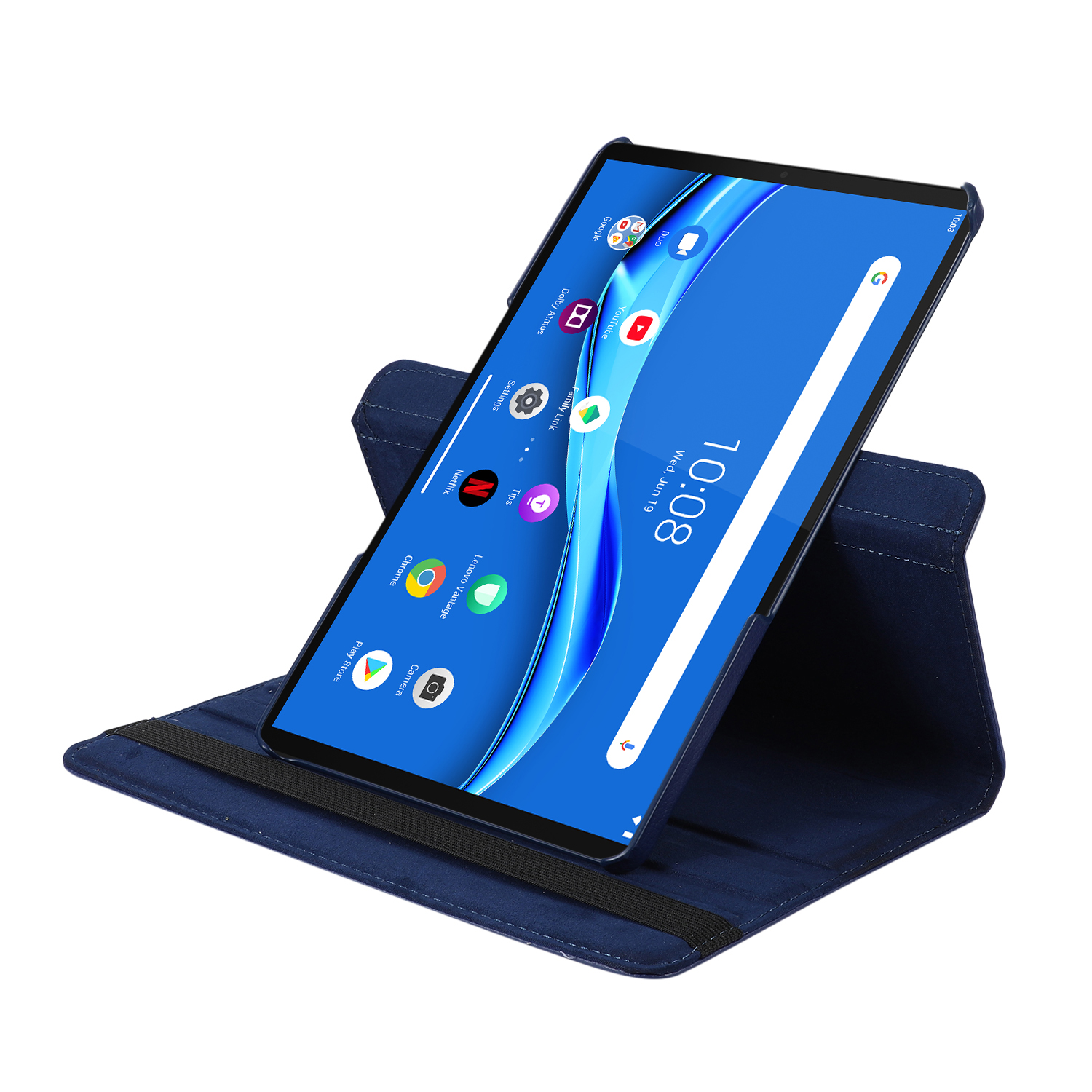 Ein Tablet in einem blauen Gehäuse, hochgestellt, um seinen Bildschirm anzuzeigen.