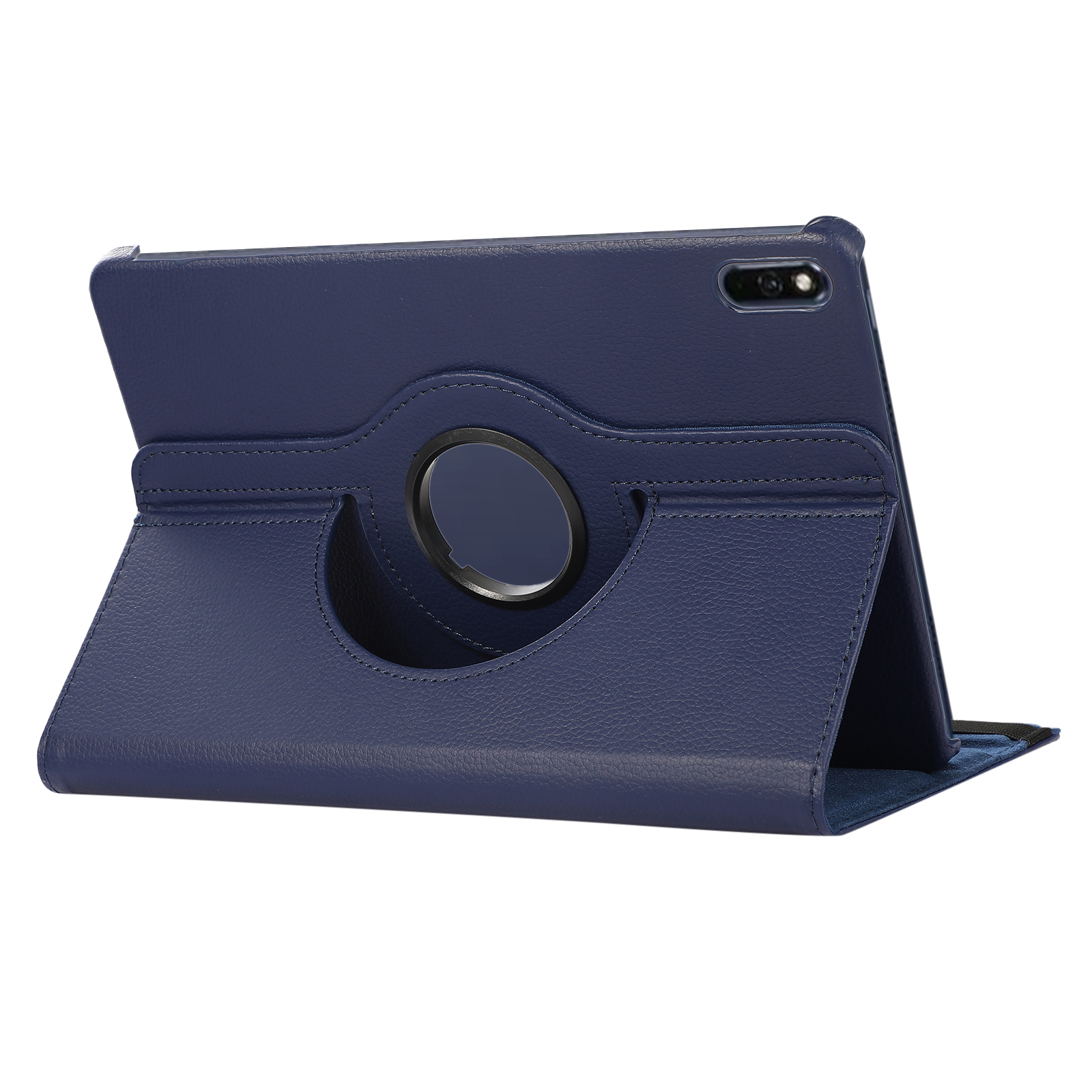 Eine blaue Tablethülle mit einem Ring. Die Hülle liegt auf einer weißen Oberfläche. Sie ist geöffnet, und das Tablet ist in der Hülle.