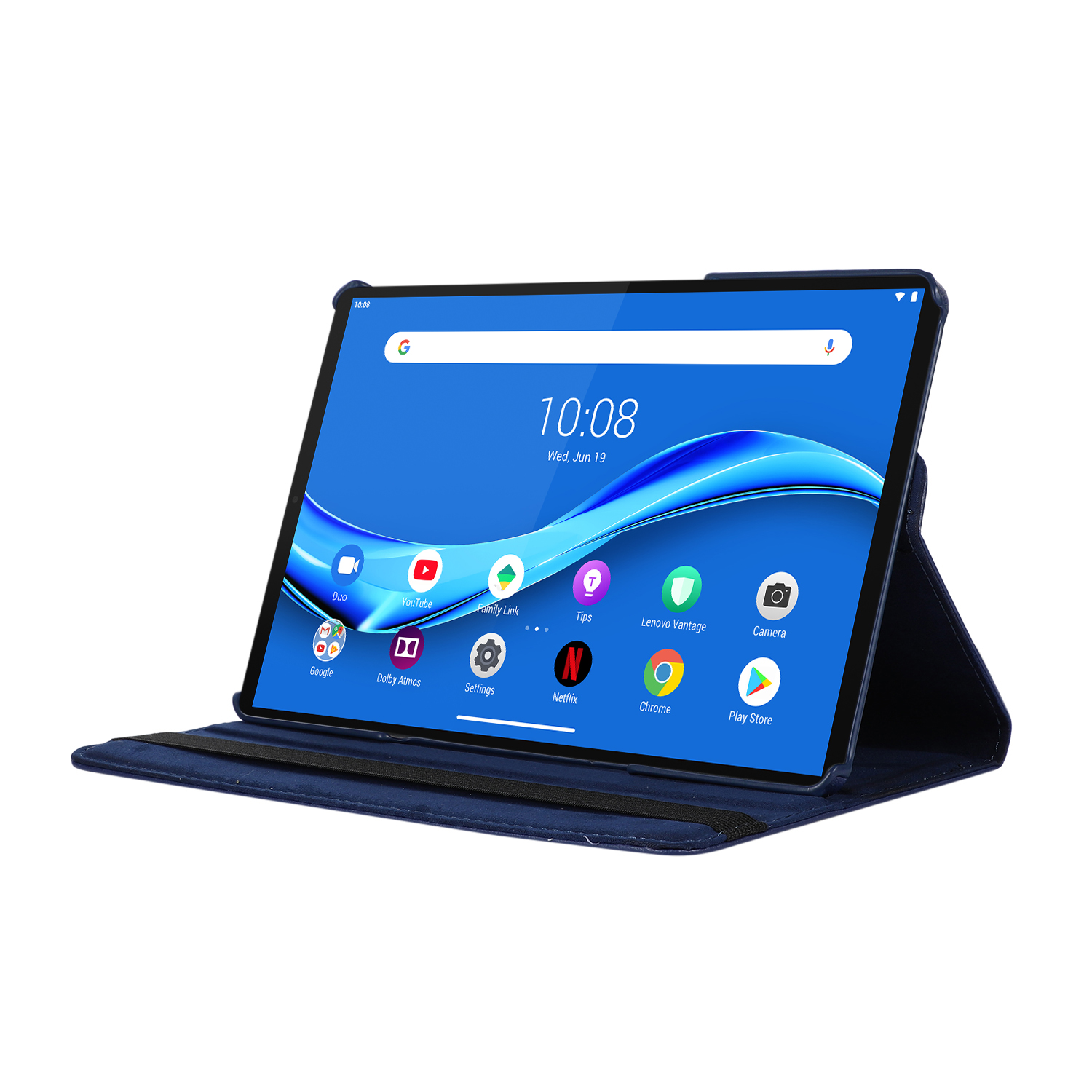 Tablet mit blauer Hülle, geöffnet. Der Bildschirm zeigt eine Benutzeroberfläche.