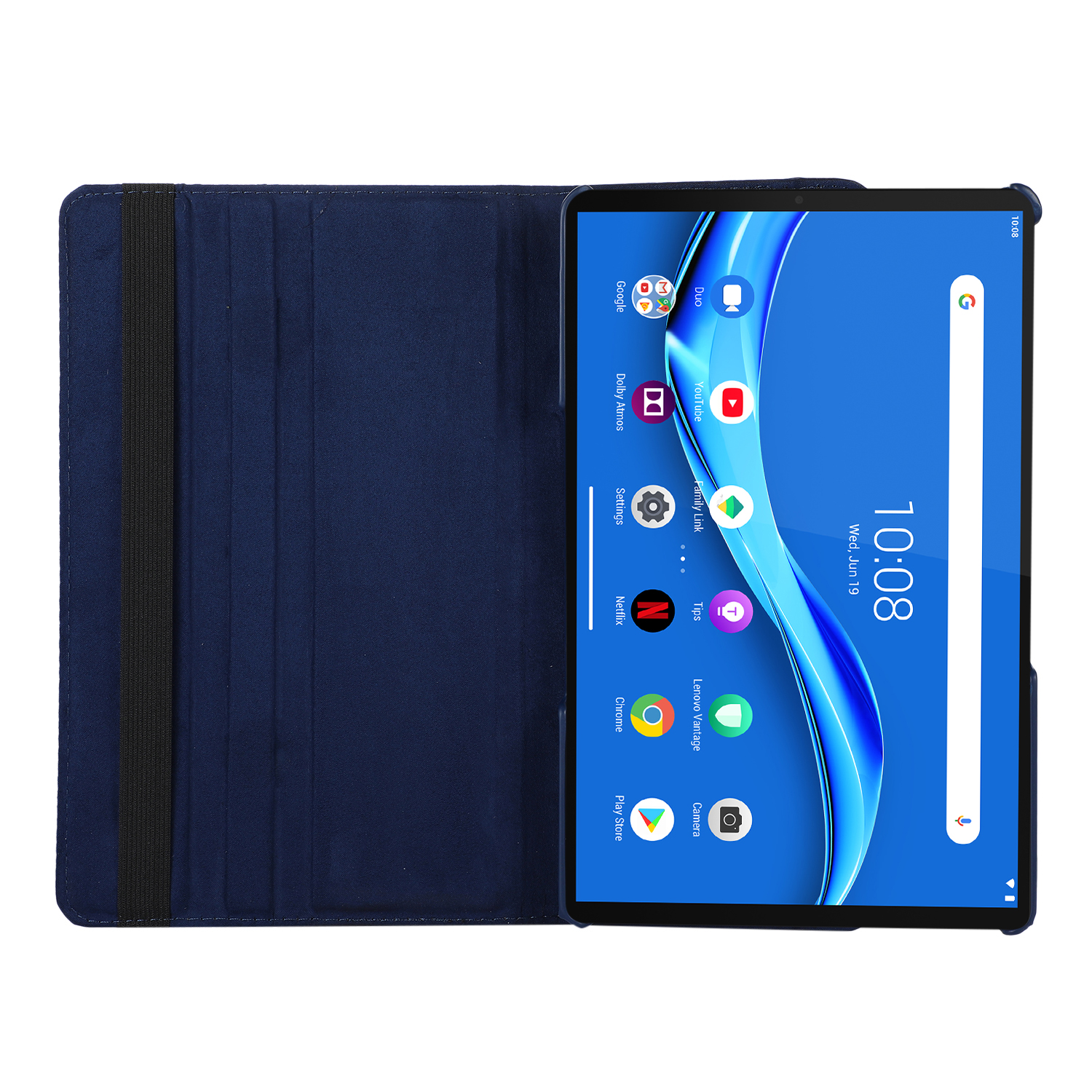 Tablet in dunkelblauer Hülle mit geöffnetem Deckel. Der Bildschirm zeigt verschiedene App-Symbole auf blauem Hintergrund.