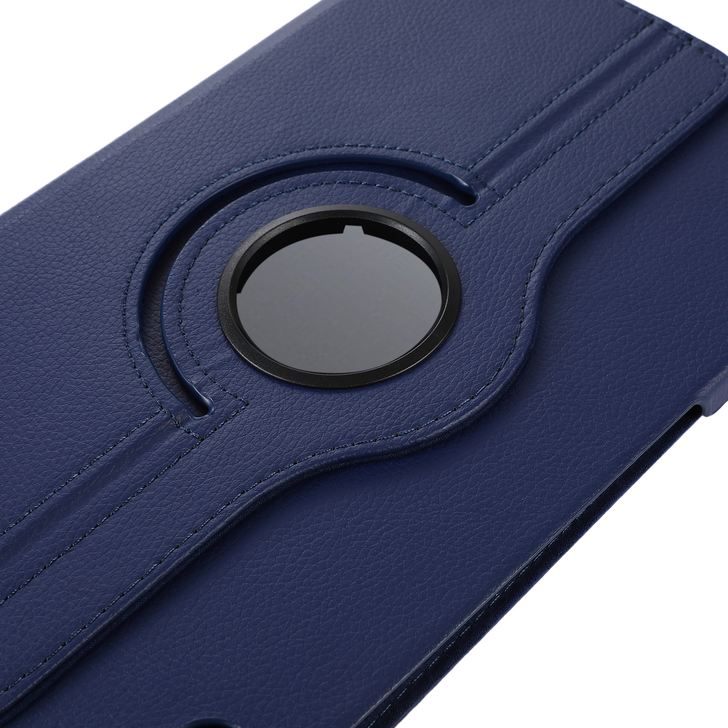 Tablet-Hülle, Marineblau, Nahaufnahme. Zeigt einen kreisförmigen Ausschnitt mit Drehfunktion.