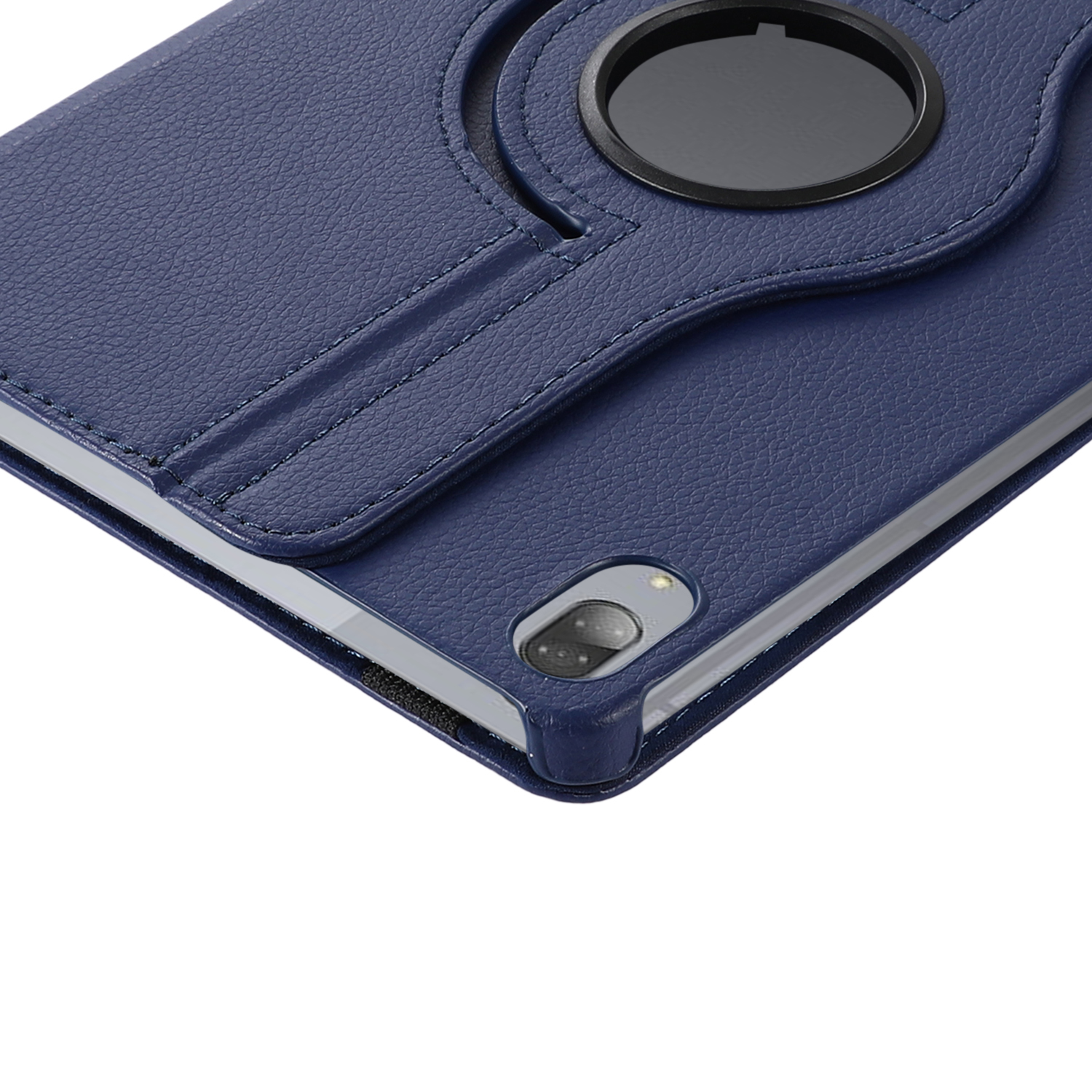 Nahaufnahme einer blauen Leder-Tablethülle mit einem schwarzen Ringhalter. Die Hülle ist teilweise geöffnet.