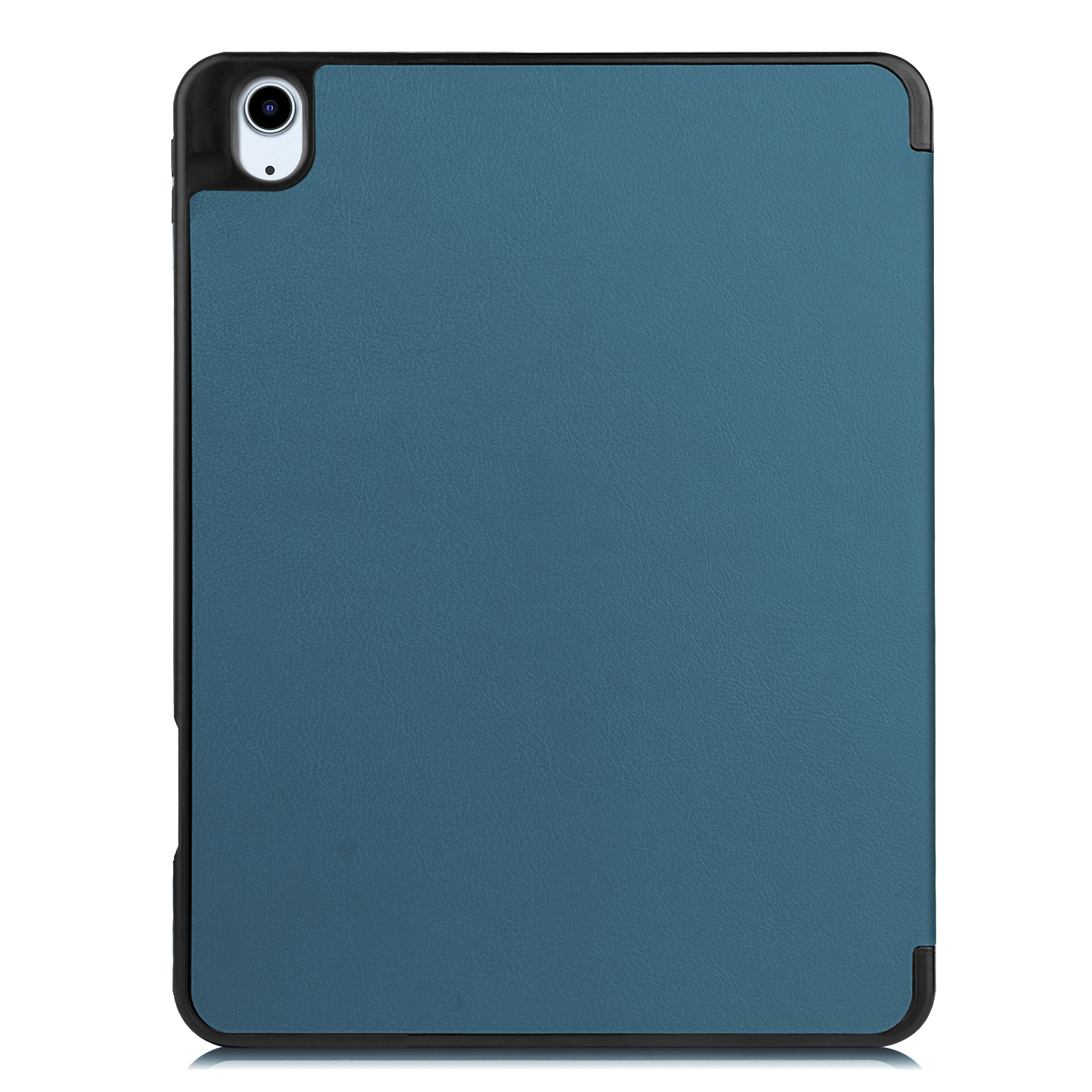 Eine Tablet-Hülle mit blauer Oberfläche und schwarzem Rahmen. Die Hülle ist geschlossen und scheint aus Leder zu sein.