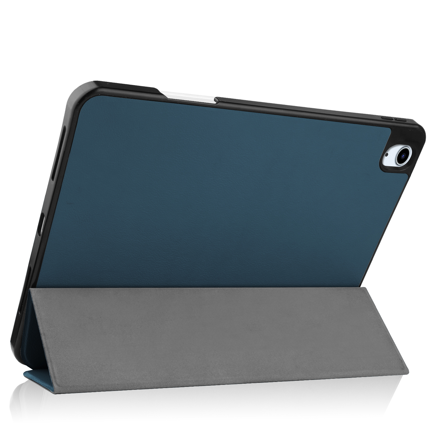 Tablet in einer blauen Hülle, die mit dem Cover als Ständer aufgestellt ist.