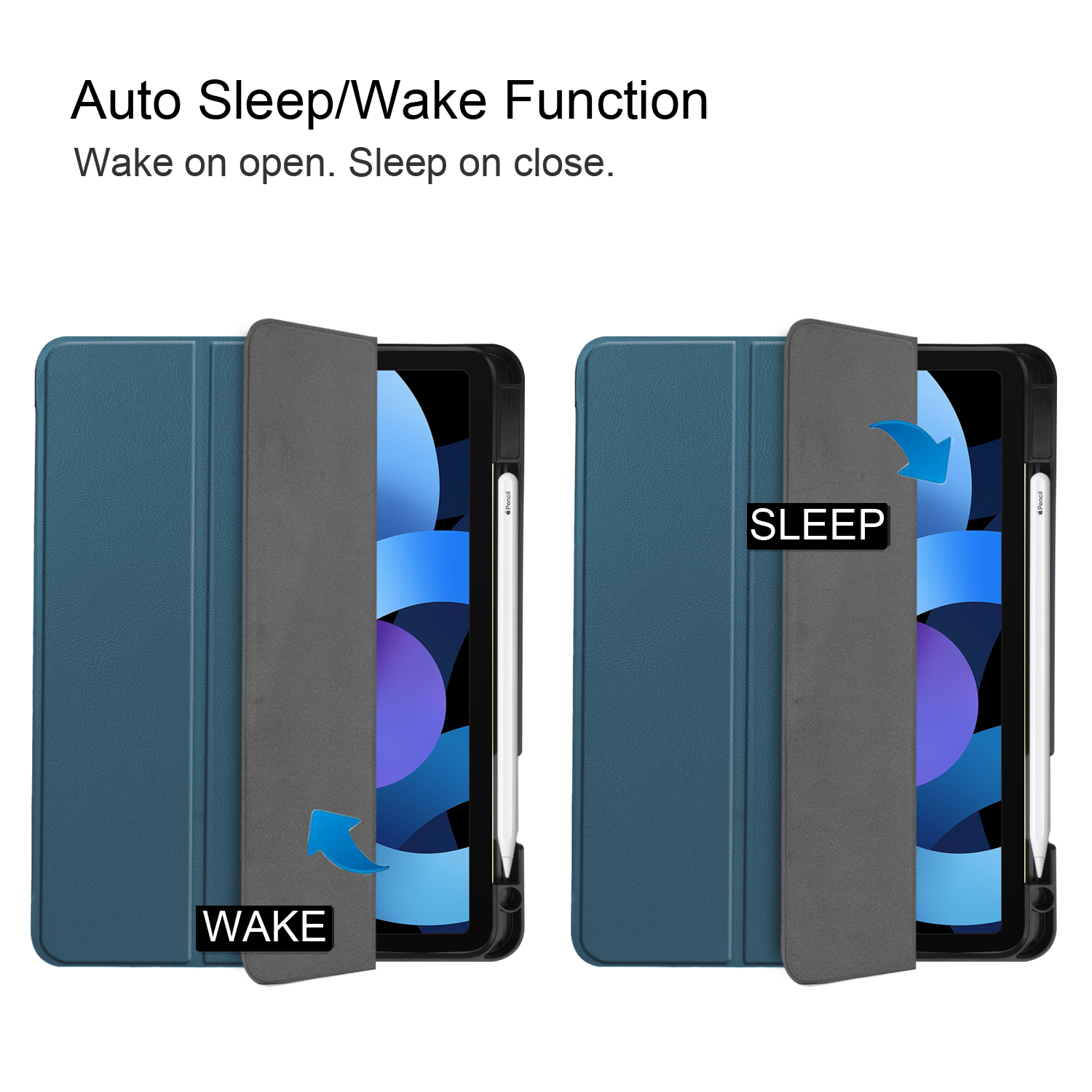 Tablet-Hülle, die die Zustände 'wake' und 'sleep' zeigt. Die Hülle ist blau. Das Tablet hat einen Stift. Text: 'Auto Sleep'.