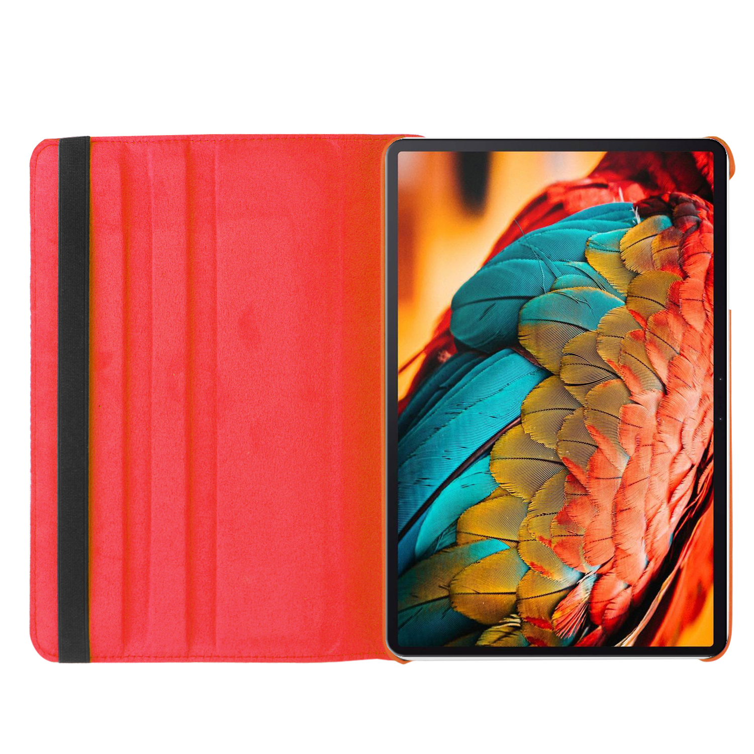 Rote Tablethülle, offen, zeigt einen Tablet-Bildschirm mit buntem Papageienfeder-Design.