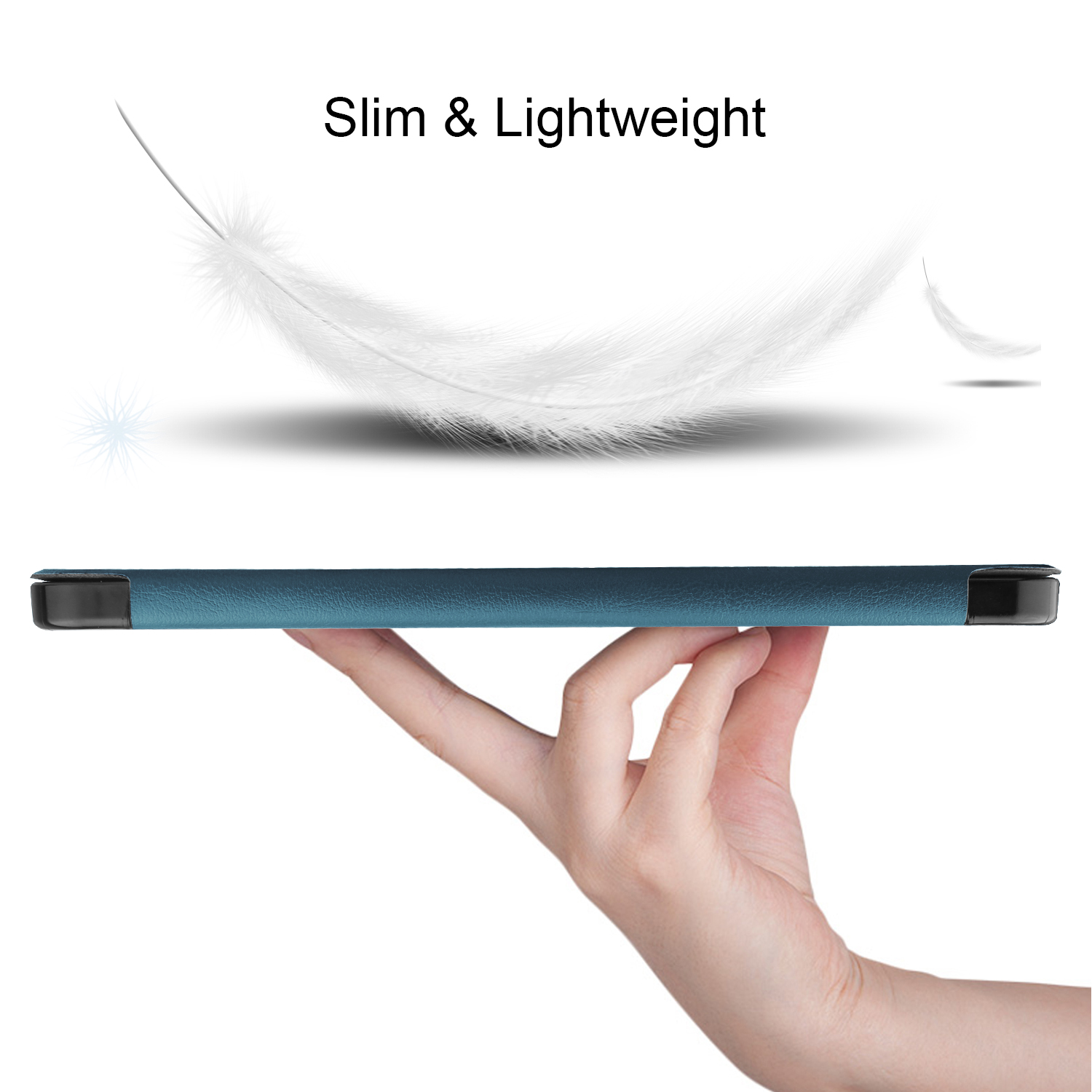 Eine Hand hält ein Tablet. Über dem Tablet ist eine Feder, und der Text lautet: Slim & Lightweight.
