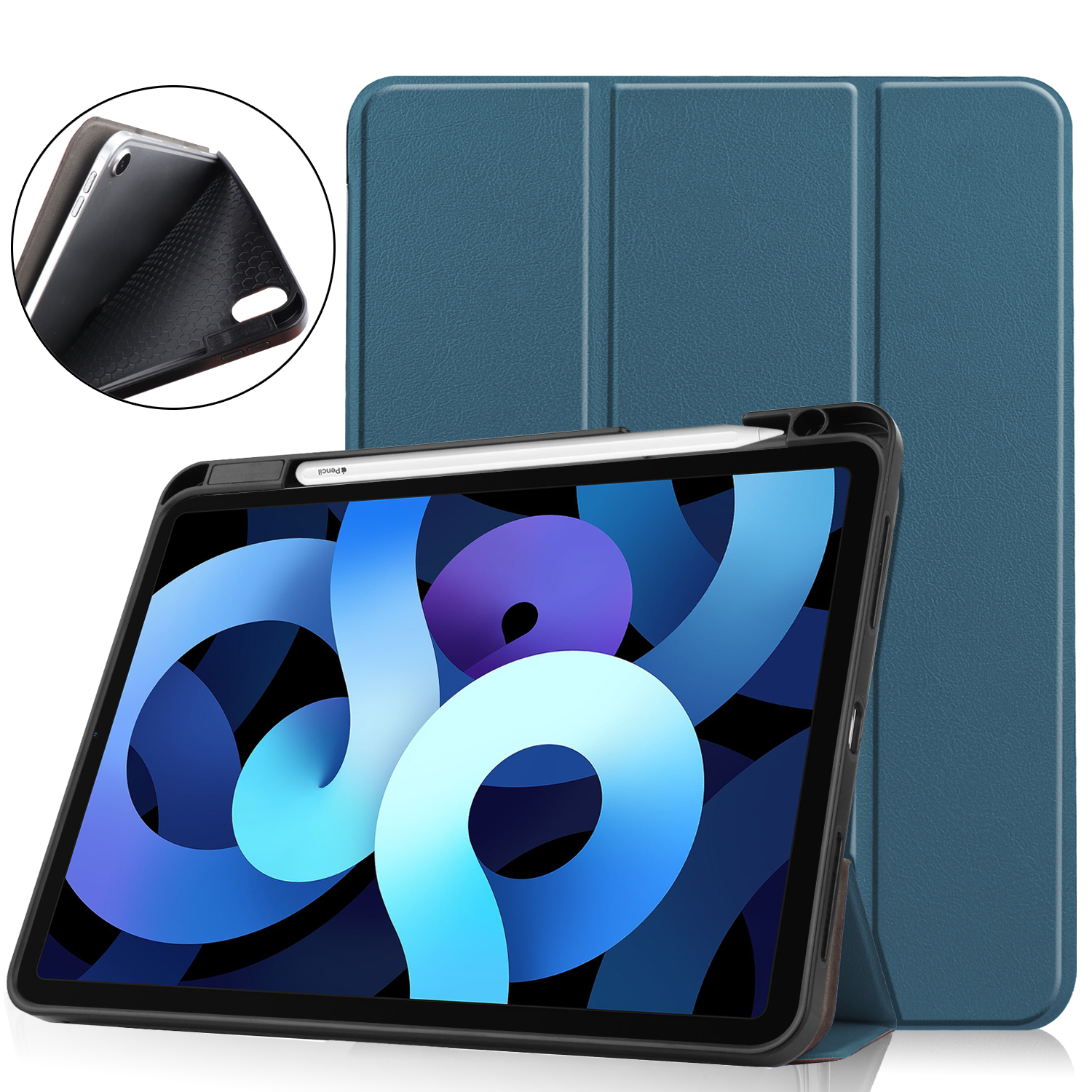 Tablet in einer blauen Hülle mit Stift. Das Tablet steht. Oben ist ein Stift.