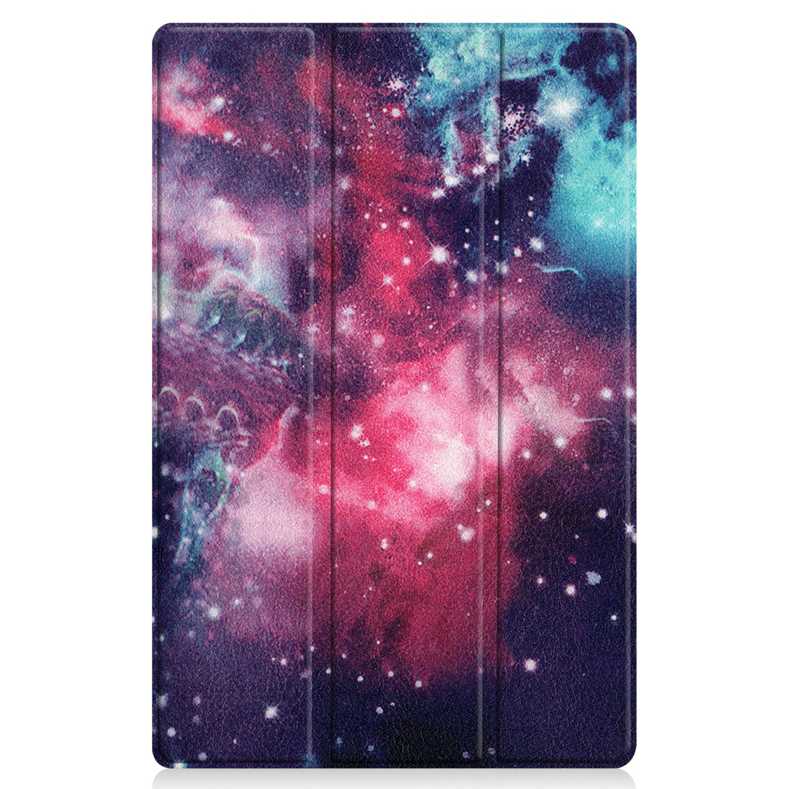 Tablethülle mit einem Galaxiemuster in Rosa, Blau und Lila. Sie ist geschlossen.