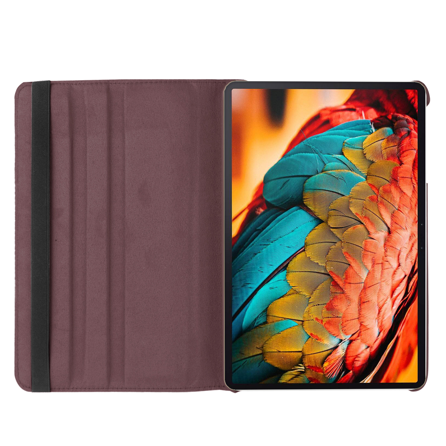 Tablet-Hülle mit farbenfrohem Papageienfeder-Design. Die Hülle ist offen und zeigt den Tablet-Bildschirm.