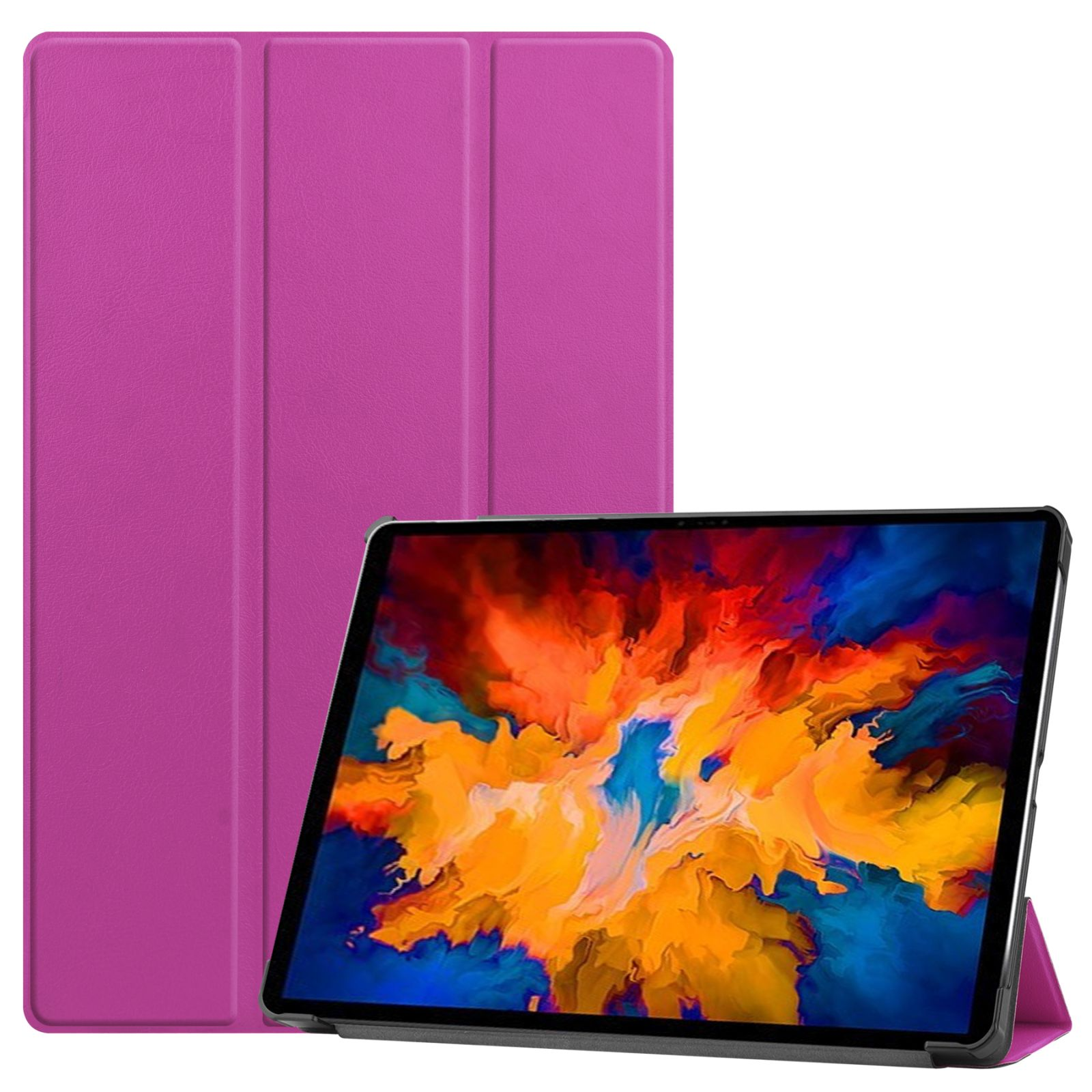 Tablet und lila Hülle. Tablet zeigt farbenfrohes abstraktes Design. Hülle ist einfarbig lila.