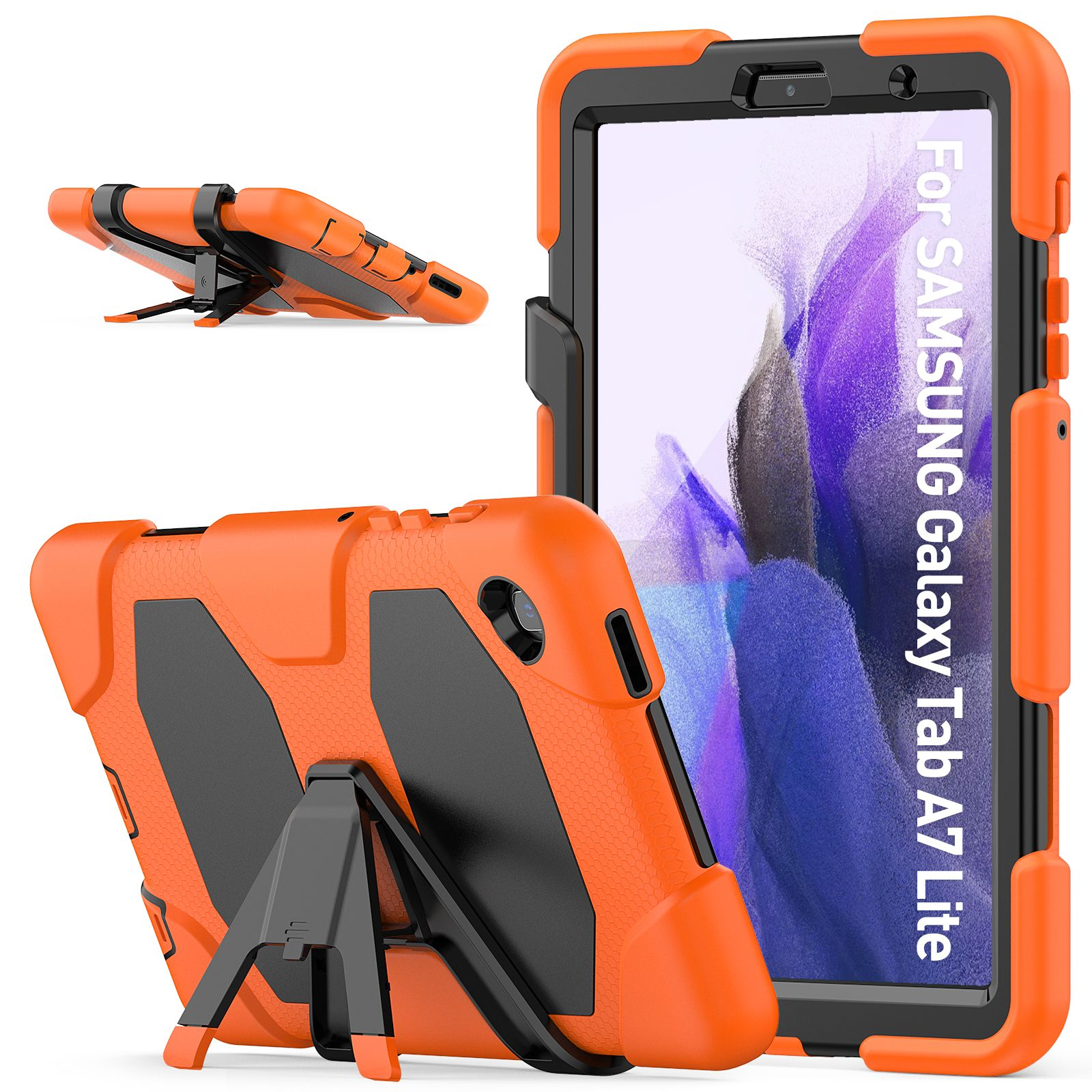 Orange und schwarze Tablethülle. Mehrere Ansichten: vorne, hinten und Ständer. Weißer Hintergrund.