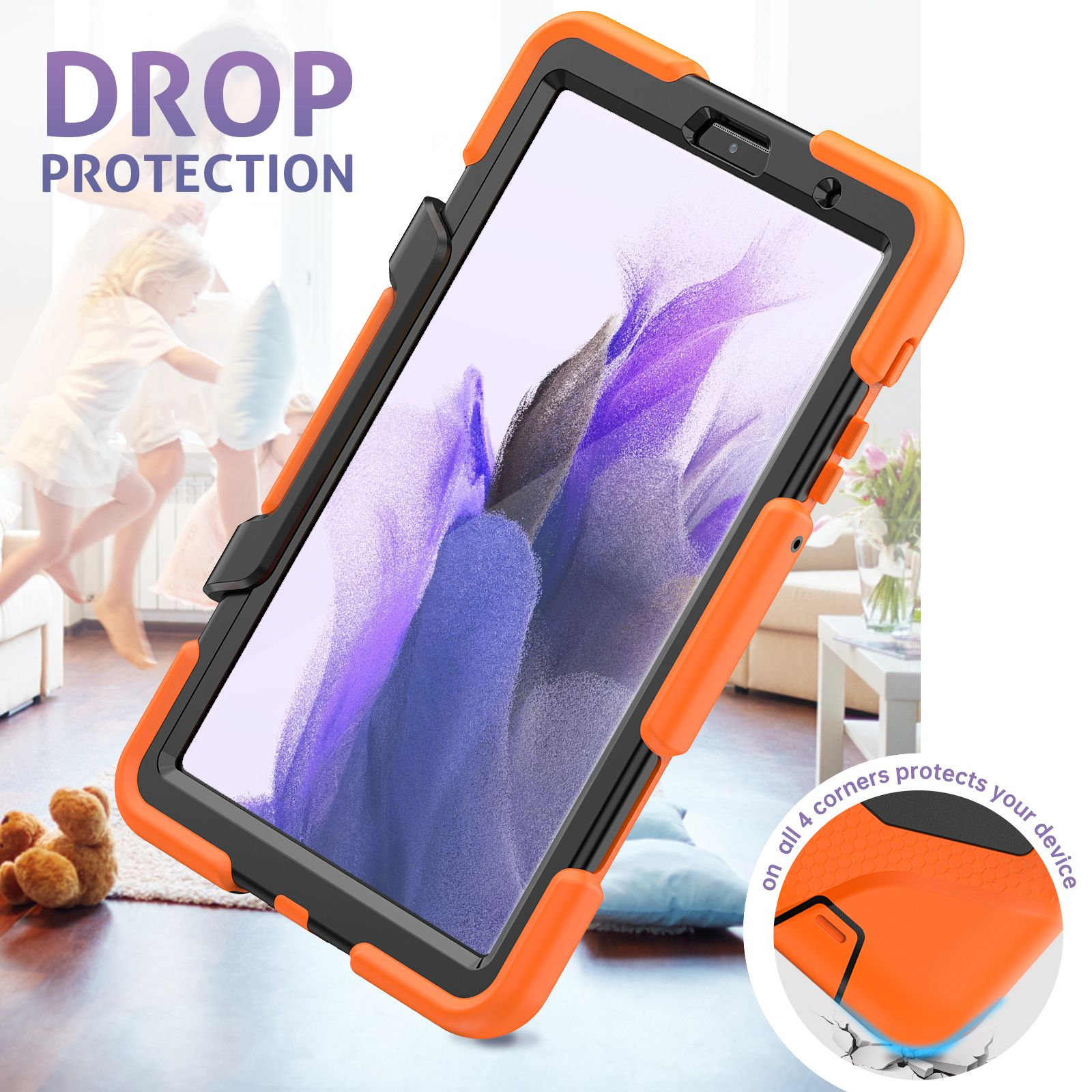 Tablet in orangefarbener Hülle, schwarze Ränder. Sturzschutz wird hervorgehoben. Ein Kind ist im Hintergrund.