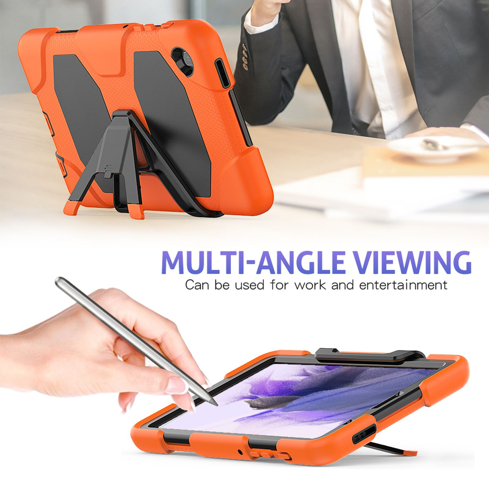 Orange Tablethülle mit Ständer. Tablet und Hand mit Stift sichtbar.