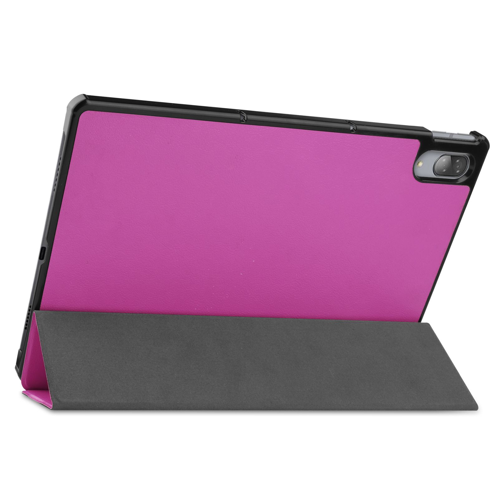 Tablet in einer pinken Hülle mit schwarzem Rahmen, zum Betrachten aufgestellt.