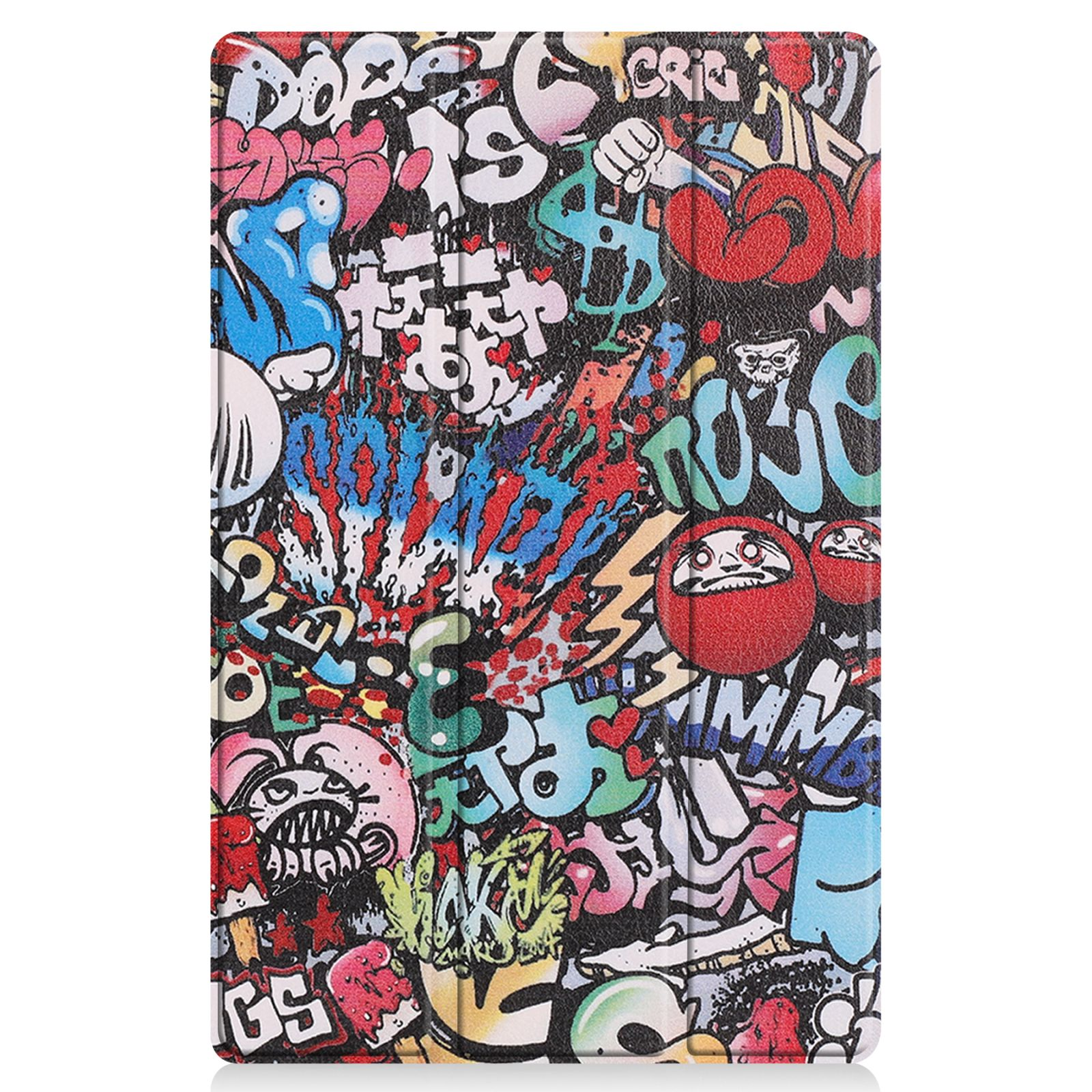 Tablet-Hülle mit Graffiti-Kunst bedeckt. Verschiedene bunte Charaktere und Wörter sind sichtbar.