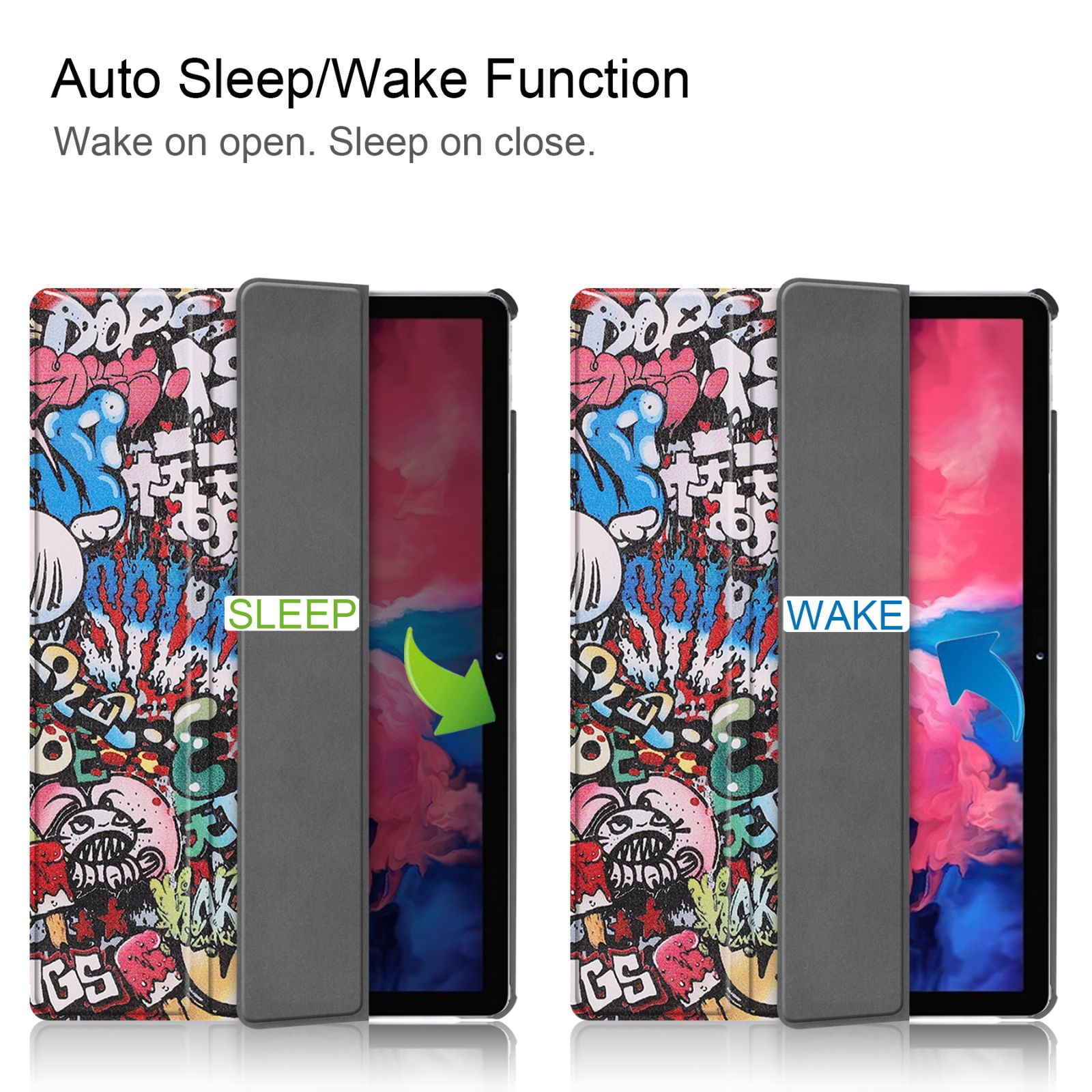 Tablet-Hülle geöffnet, mit Graffiti-Design. Eine Seite sagt „Schlaf“, die andere „Wach“. Pfeile zeigen.