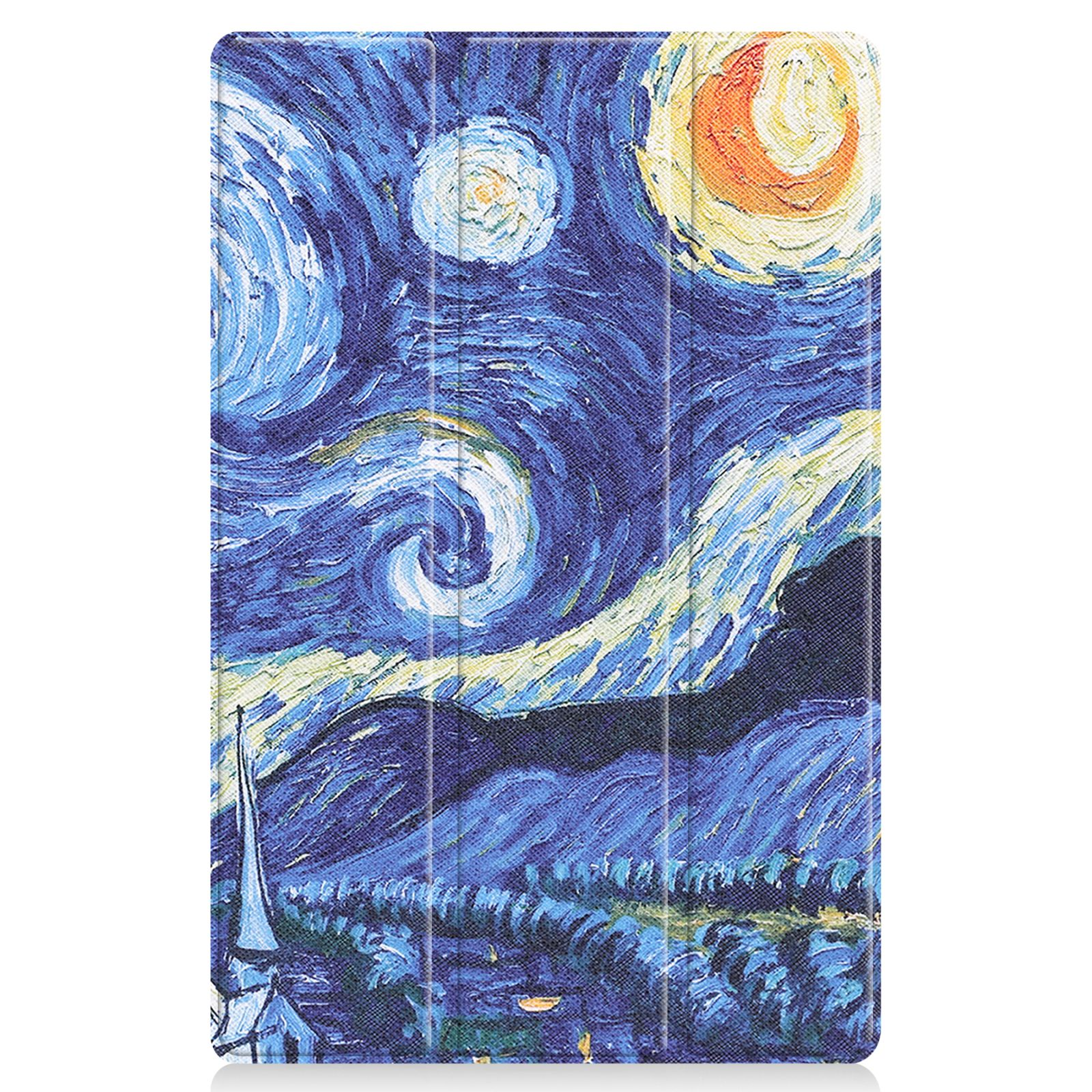 Tablethülle mit Sternennacht-Kunstwerk, geöffnet.
