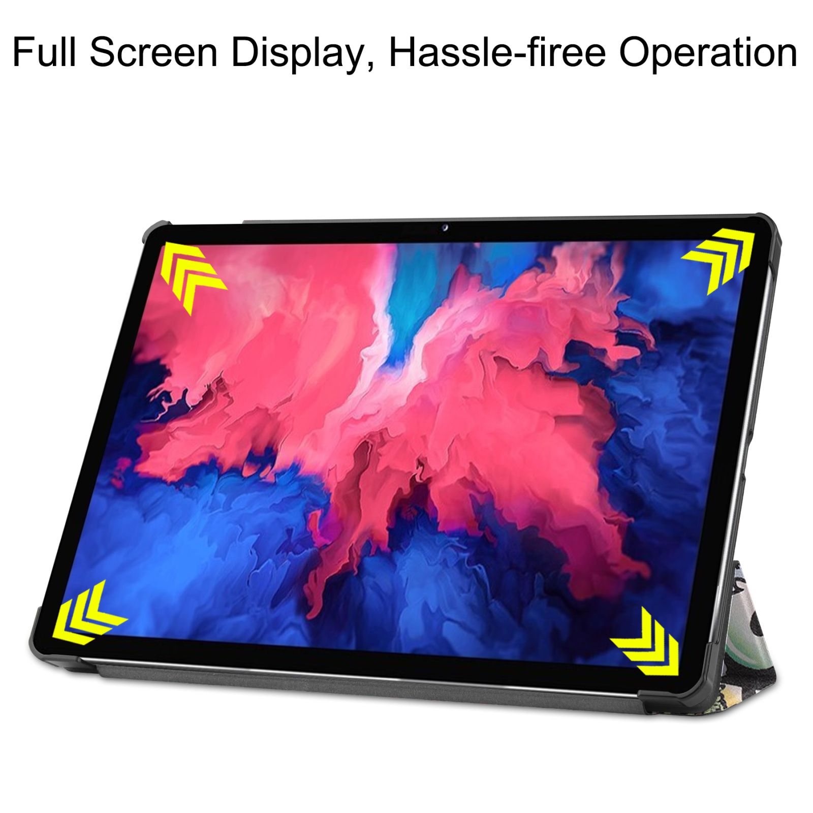 Tabletbildschirm mit farbenfrohem Bild, in schwarzem Rahmen, mit gelben Pfeilen.