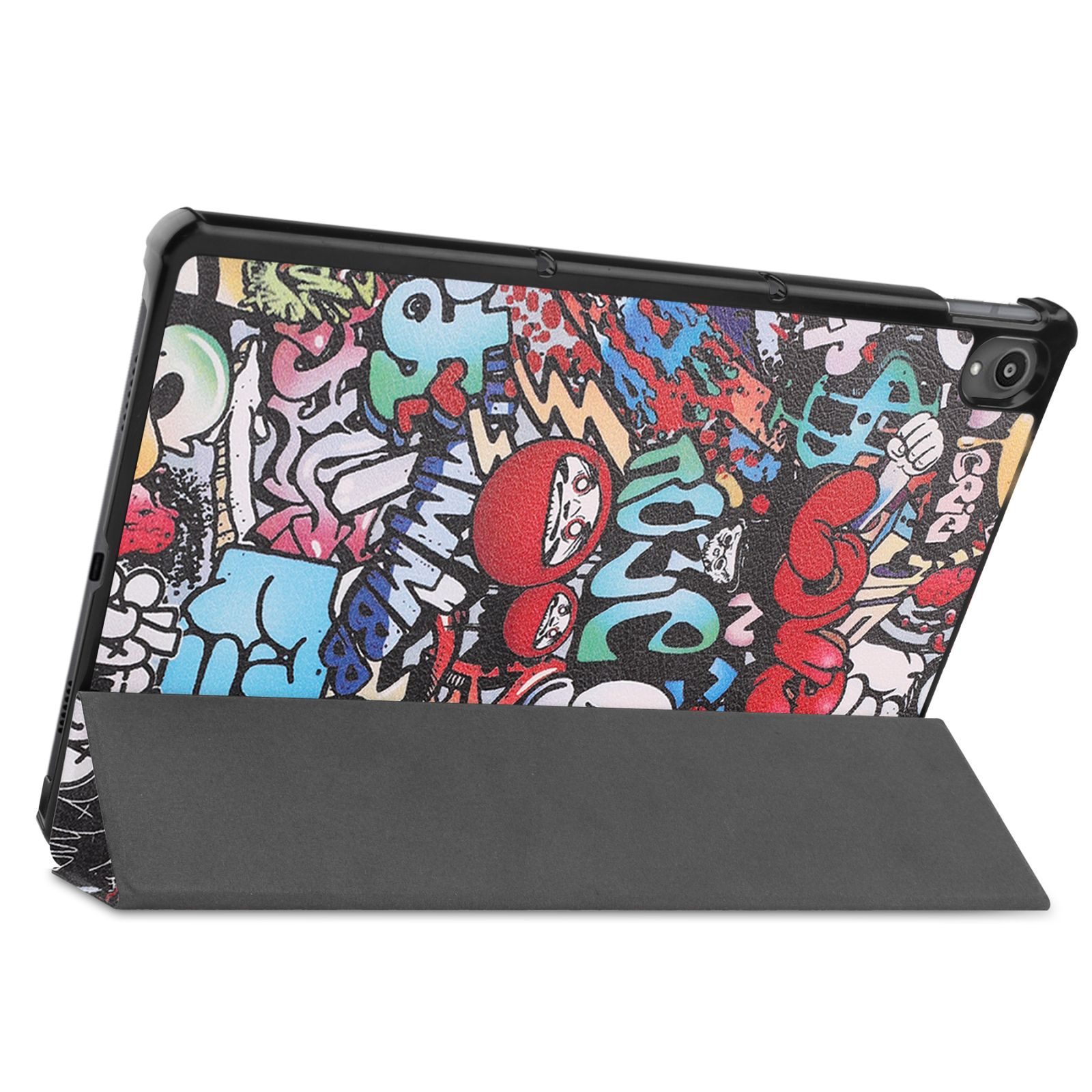 Tablethülle mit Graffiti-Kunstdesign und grauem Ständer.