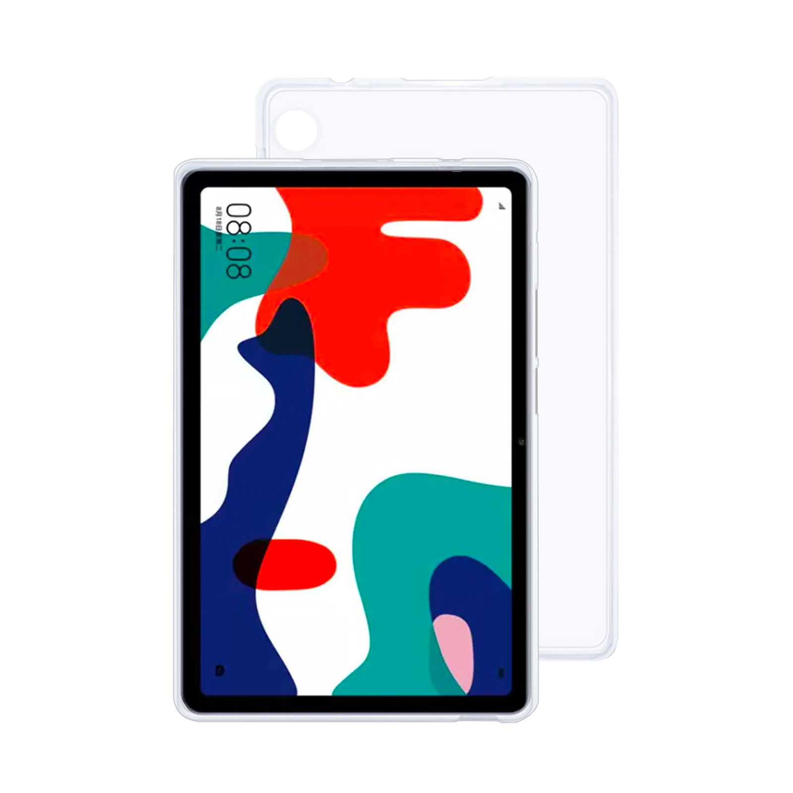 Tablet in einer transparenten Hülle. Der Bildschirm hat ein farbenfrohes, abstraktes Design.