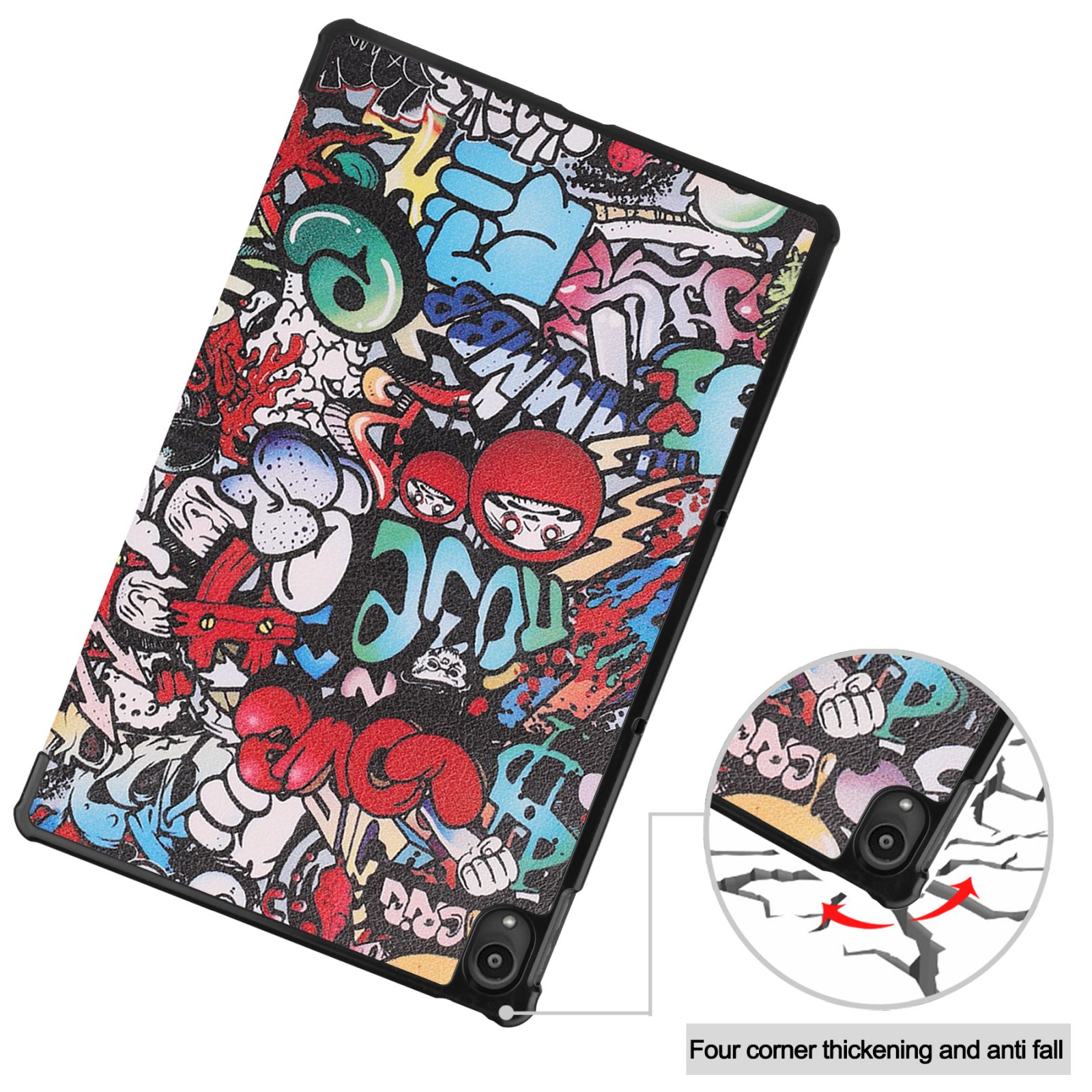 Tablet-Hülle mit buntem Graffiti-Design. Die Hülle wird aus verschiedenen Winkeln mit einem Eckdetail gezeigt.