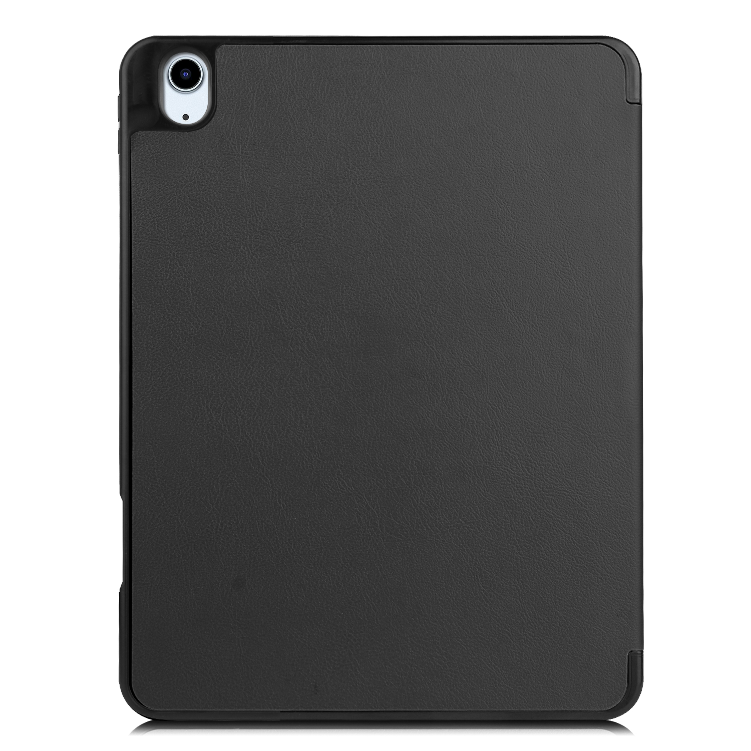 Eine schwarze Tablethülle. Die Kamera ist oben links sichtbar.