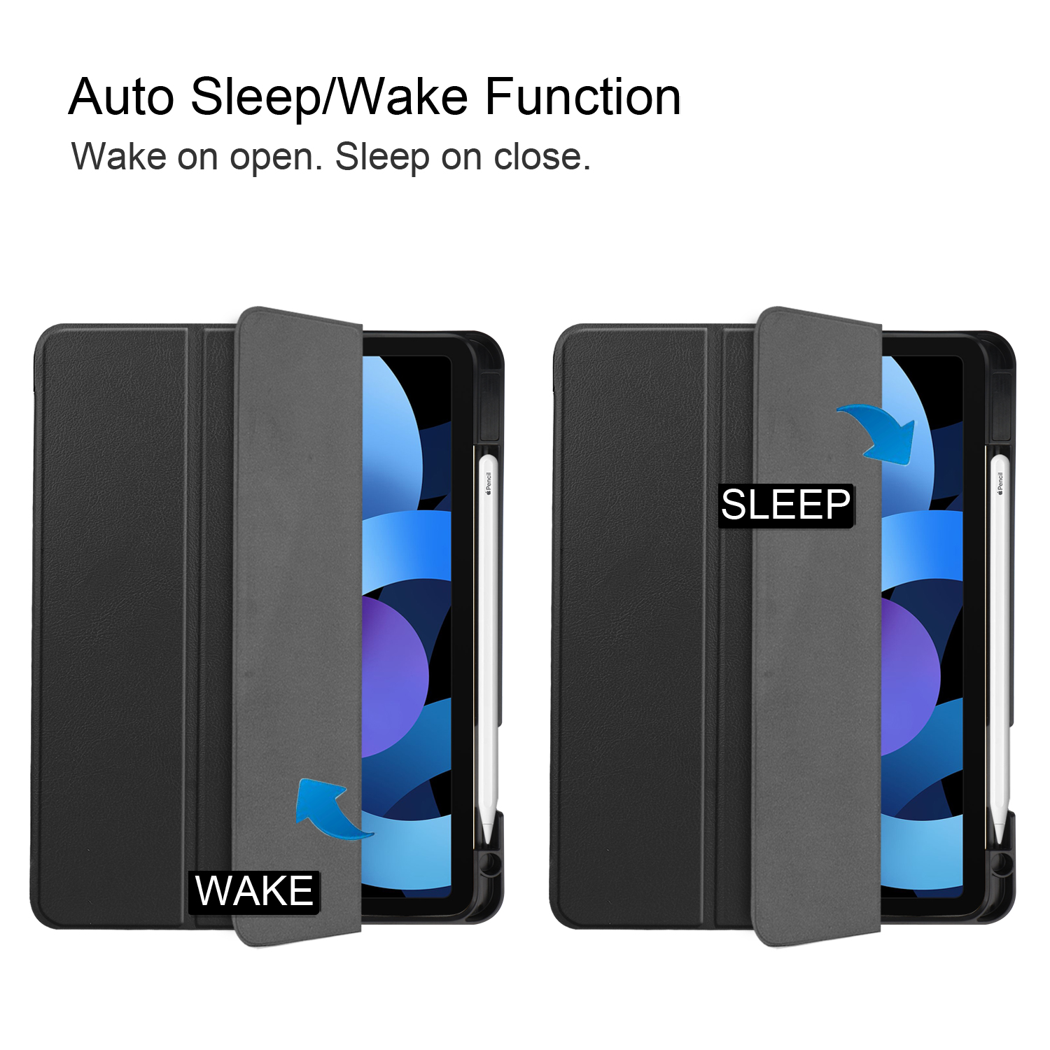 Tablet mit geschlossenem und offenem Cover, zeigt die Funktionen 'WAKE' und 'SLEEP'.