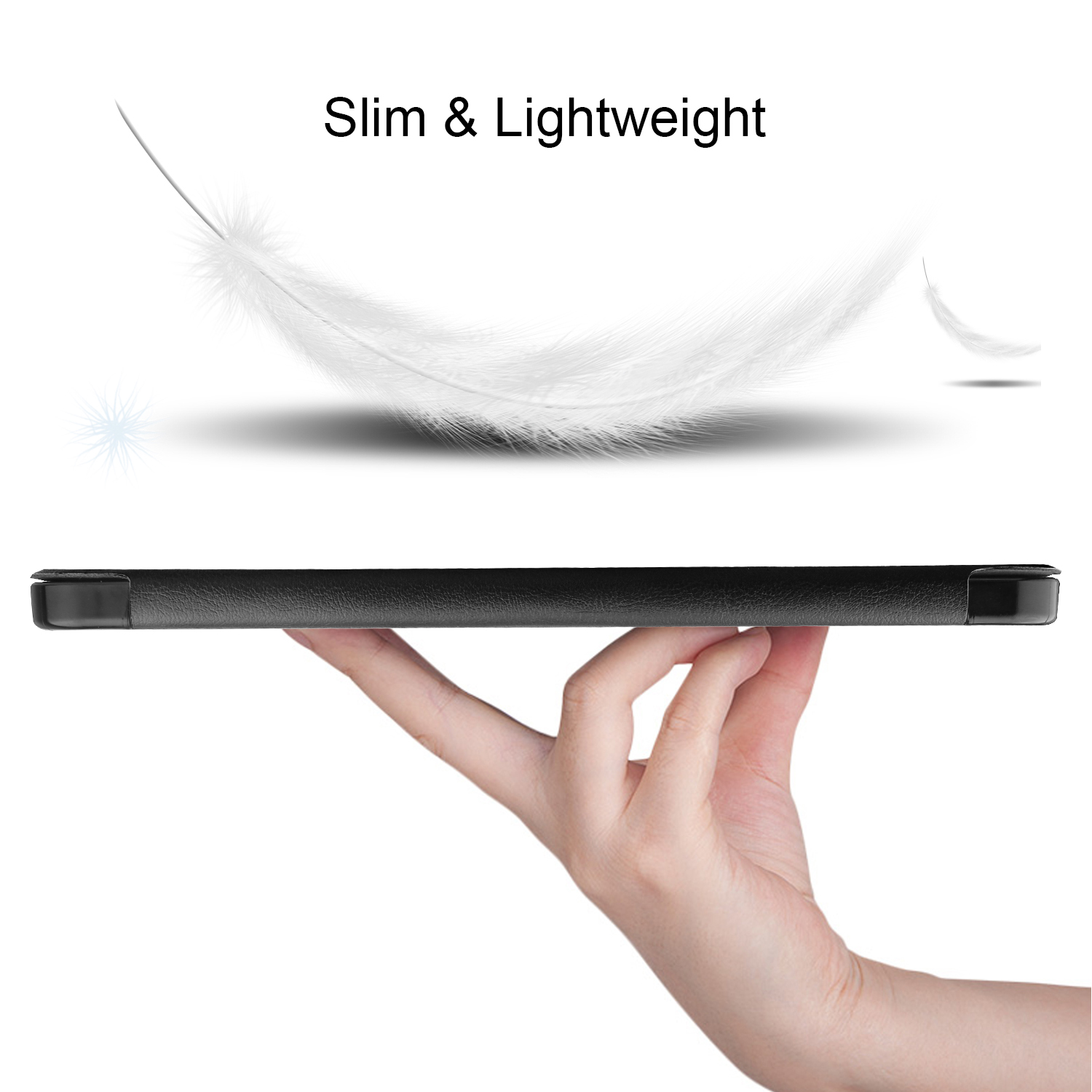 Ein Tablet in einer Hand, mit einer Feder, die darüber schwebt, und dem Text 'Slim & Lightweight'.