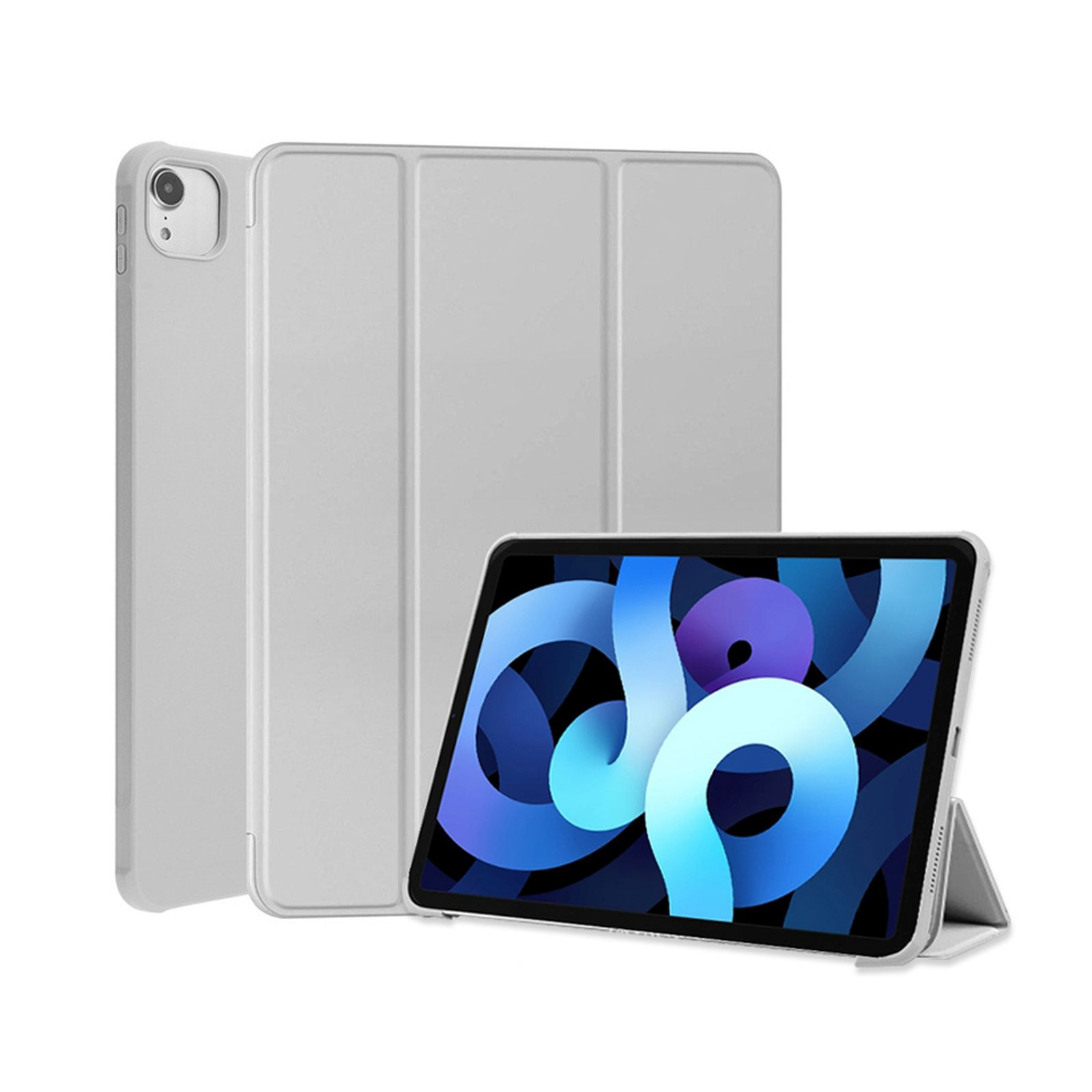 Weißes Tablet mit weißer Hülle, auf weißem Hintergrund.