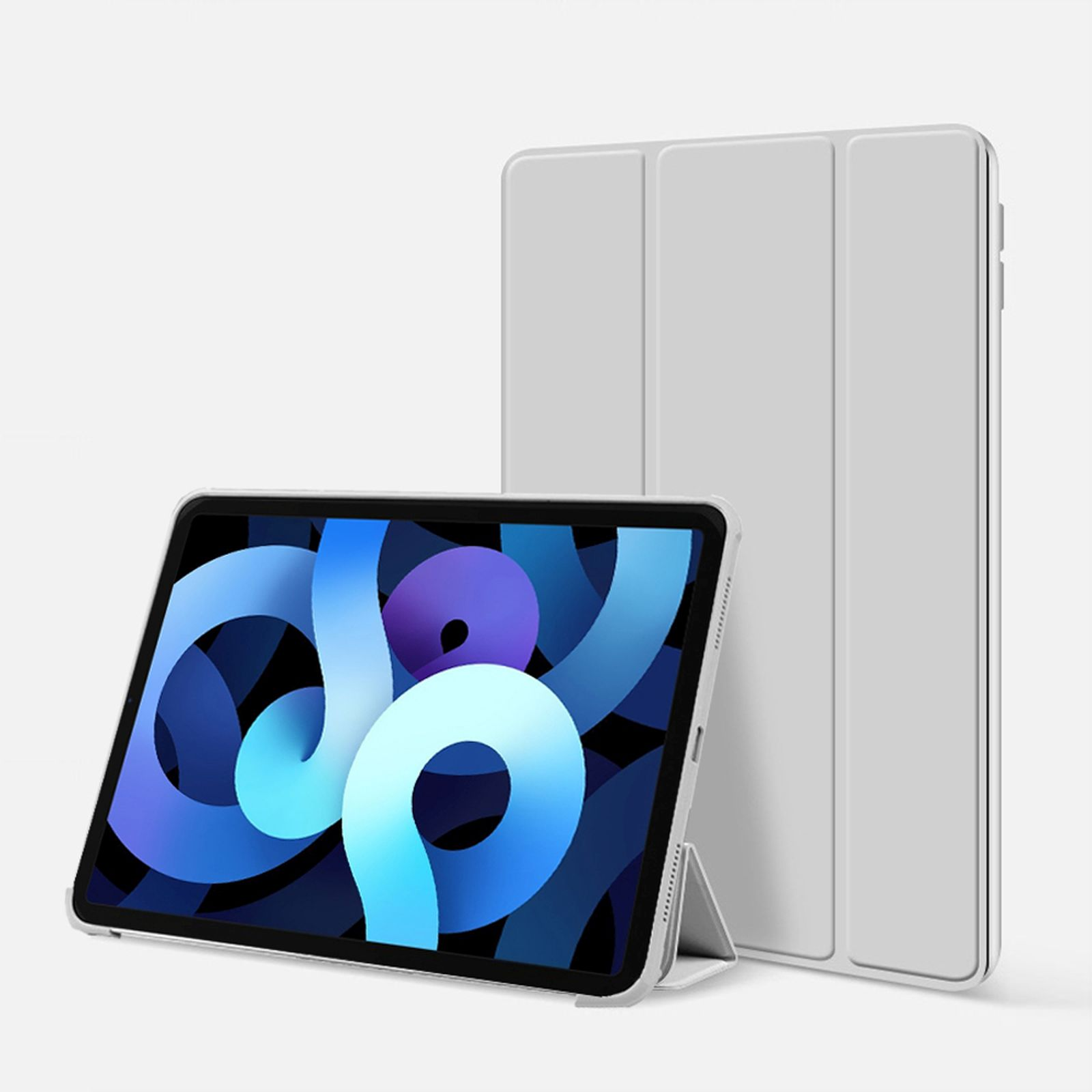 Tablet in weißer Hülle, geöffnet und geschlossen. Tablet zeigt blaue und weiße abstrakte Kunst.