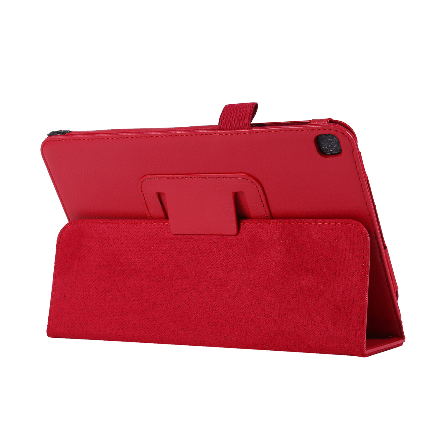 Rote Tablet-Hülle, offen, mit rotem Wildleder-Innenraum. Das Tablet ist auf weißem Hintergrund.
