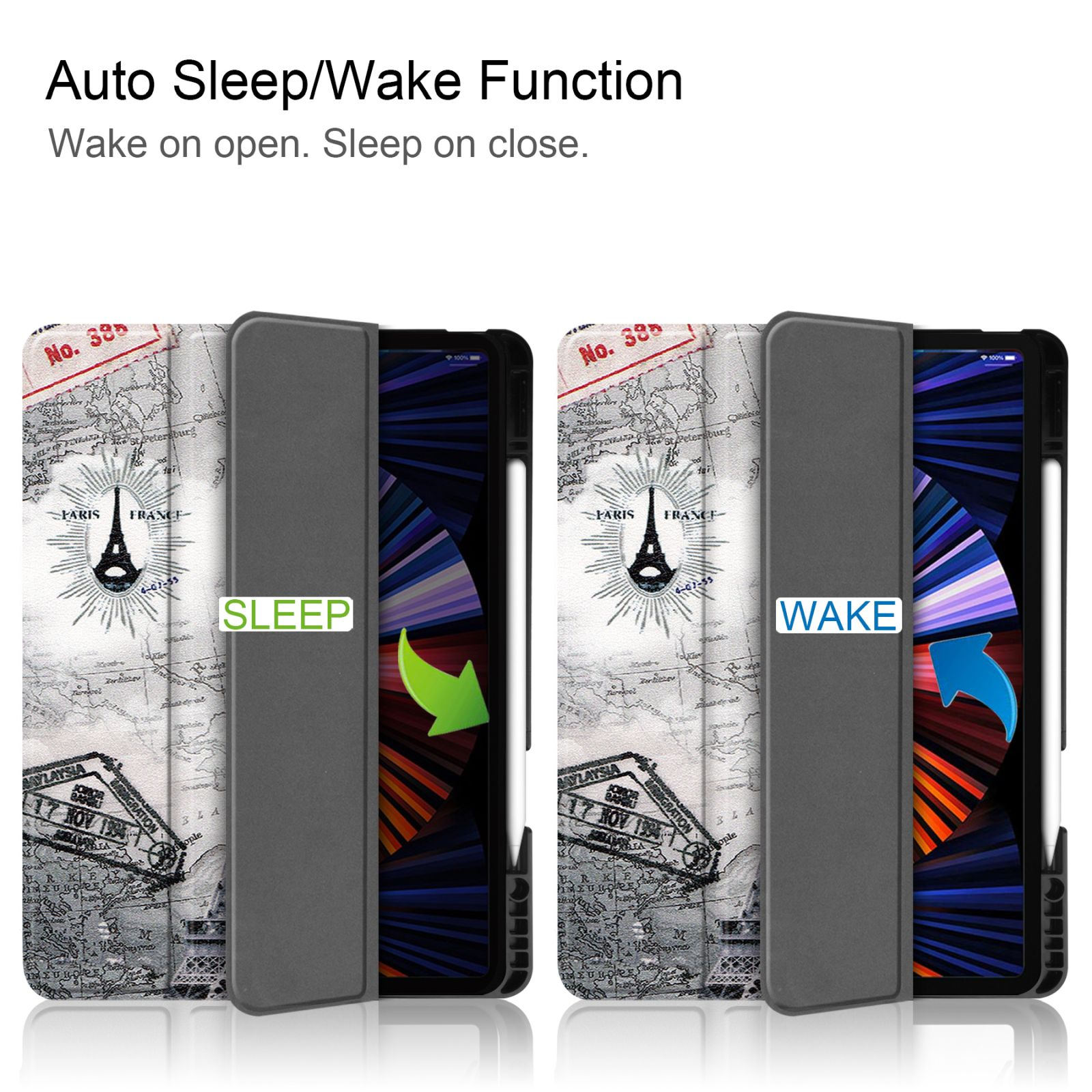 Zwei Tablet-Hüllen offen. Eine sagt Schlaf, die andere Aufwachen. Text: Auto Sleep/Wake.