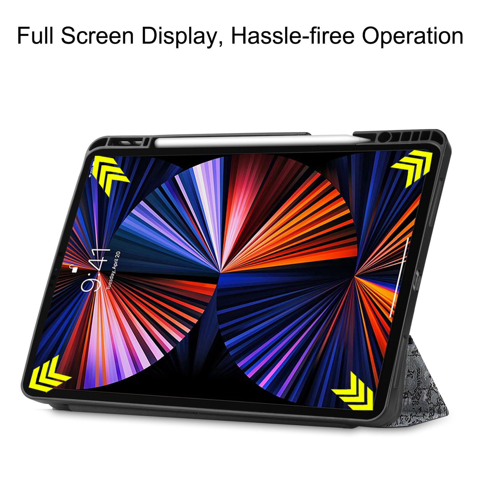 Tablet in einem Gehäuse, der Bildschirm zeigt farbenfrohe Kunst. Gelbe Pfeile zeigen auf die Gehäuseecken.