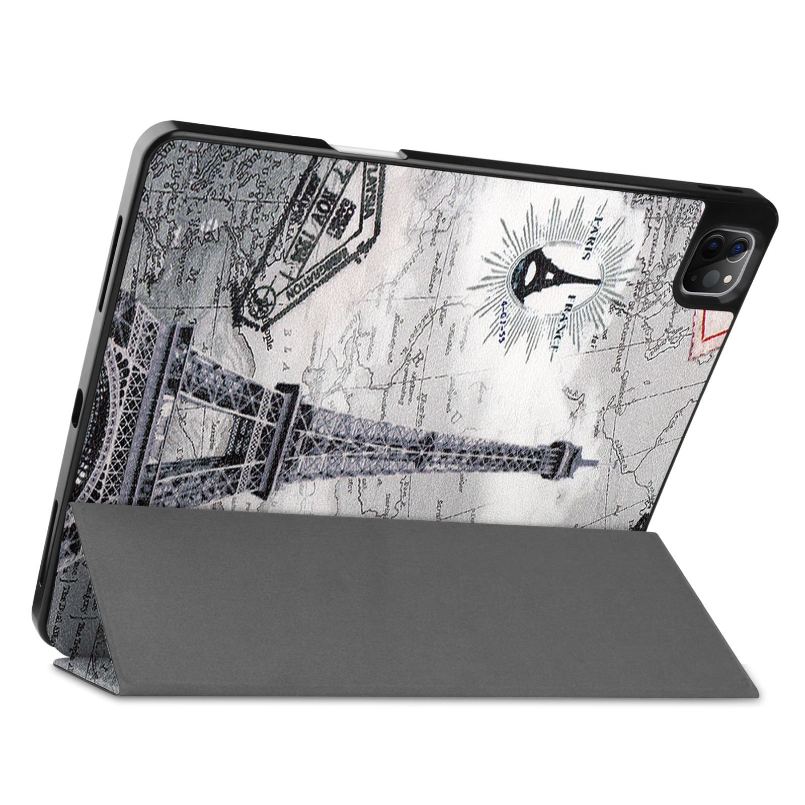 Tablet-Hülle mit Eiffelturm und Karte. Tablet offen, auf grauem Untergrund.