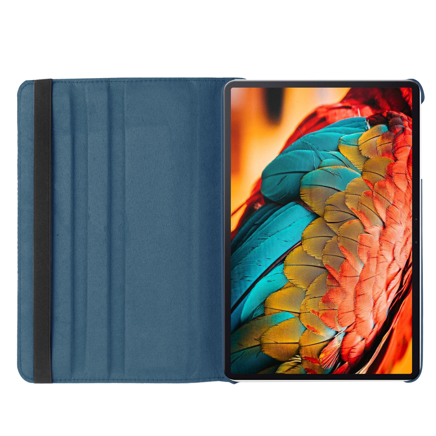 Tablet mit farbenfroher Anzeige. Hülle ist offen. Innenraum der Hülle ist blau. Die Hülle hat ein schwarzes Gummiband.