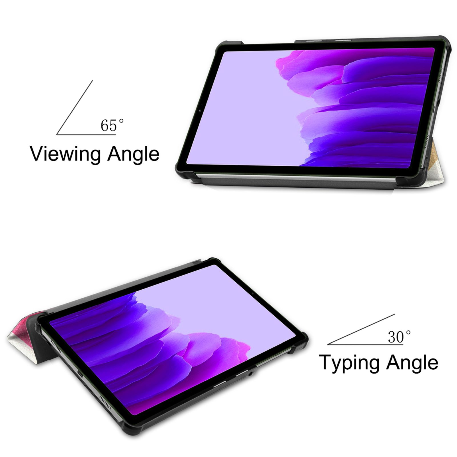 Tablet in zwei Positionen: 65° Betrachtungswinkel und 30° Tippwinkel auf weißem Grund.