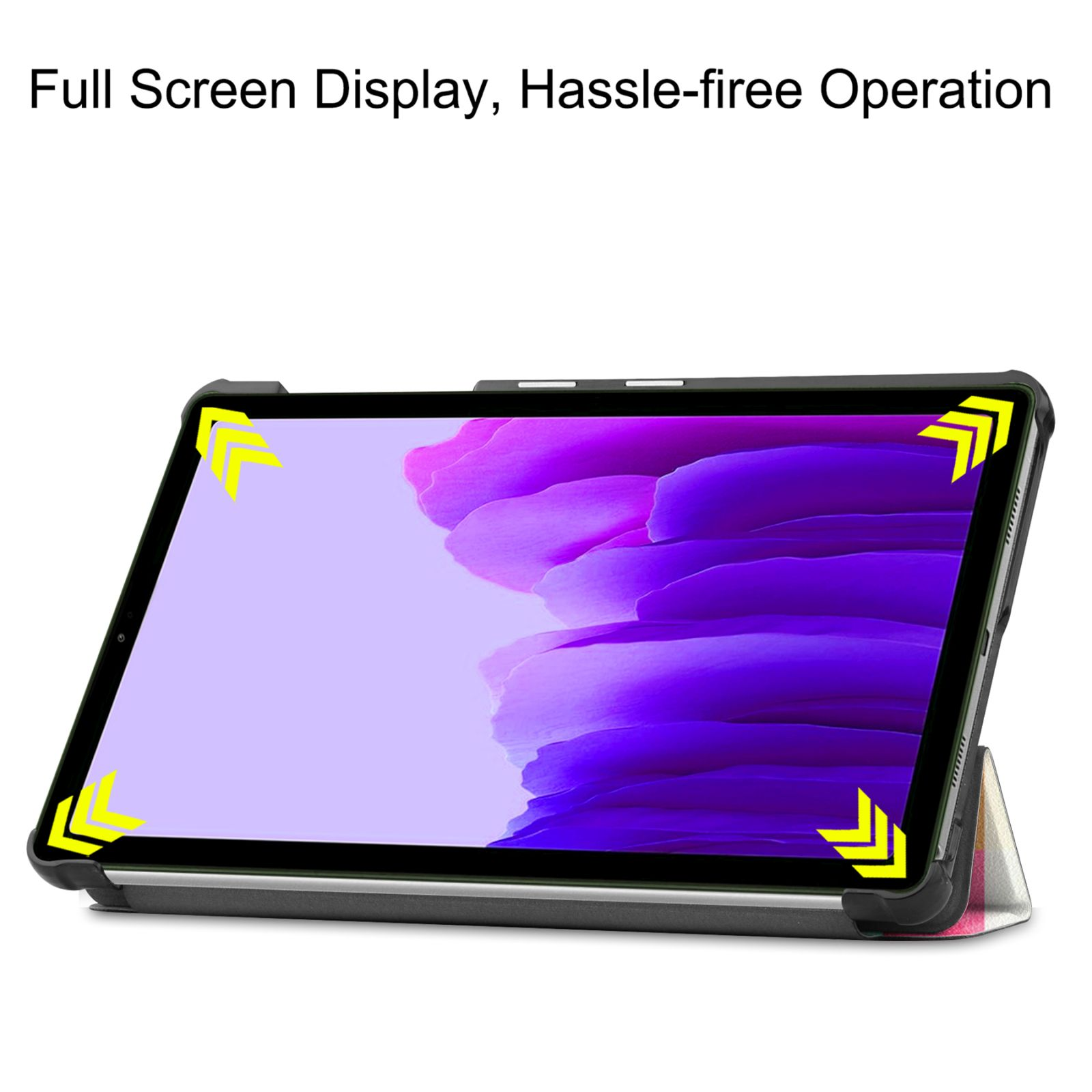 Ein Tablet mit hellem Bildschirm in einer Schutzhülle. Text: Full Screen Display, Hassle-free Operation.