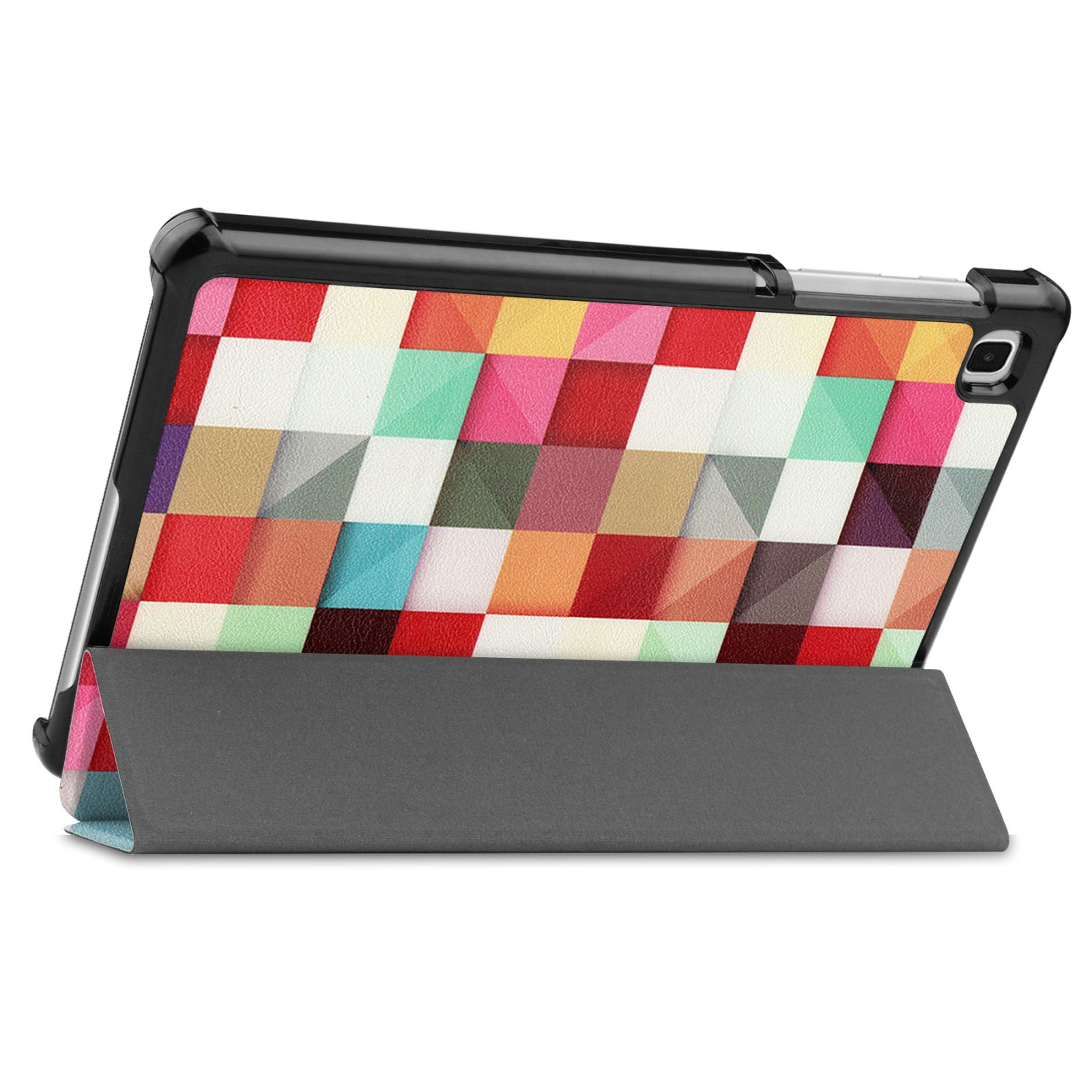 Ein Tablet in einer schwarzen Hülle mit farbenfrohem geometrischem Design, auf seinem Ständer aufgestellt.