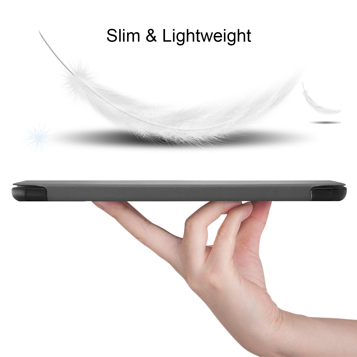 Eine Hand hält ein dünnes Tablet. Eine Feder schwebt darüber.