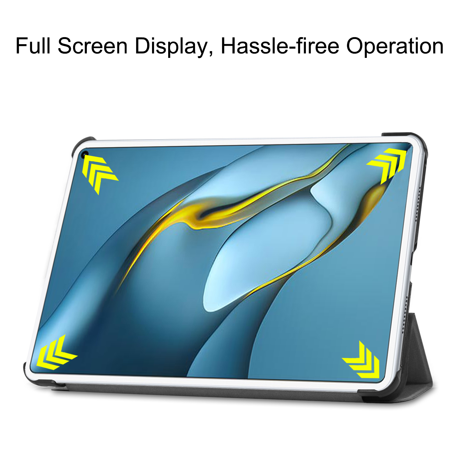 Tablet in einem Gehäuse, hochgestellt. Zeigt einen Bildschirm mit gelben Pfeilen.