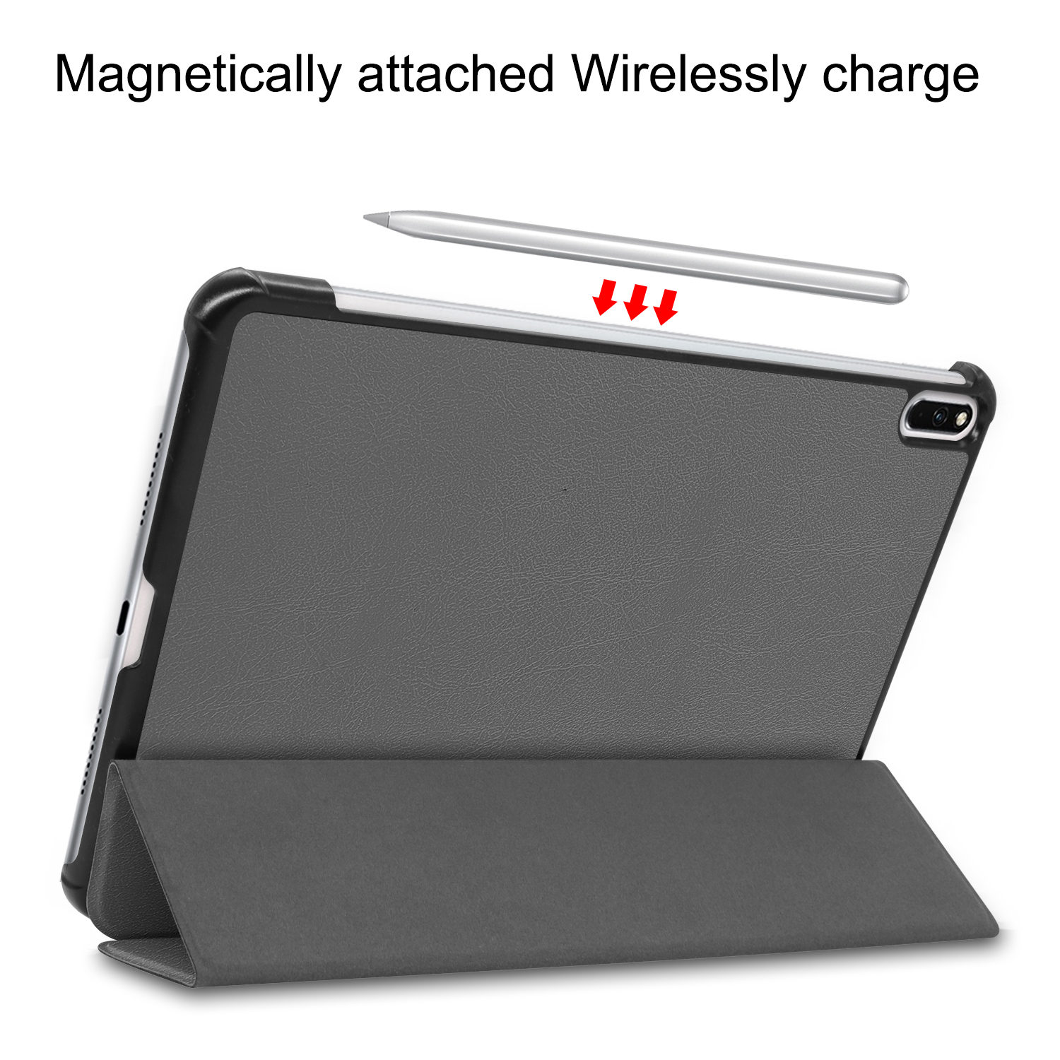 Tablet in Hülle, Stift magnetisch befestigt. Pfeile zeigen magnetische Befestigung. Hülle ist geschlossen.