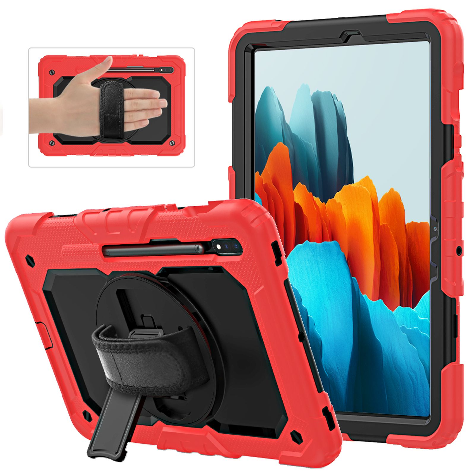 Rote Tablet-Hülle mit Handschlaufe und Ständer. Tablet zeigt farbenfrohes Bild.
