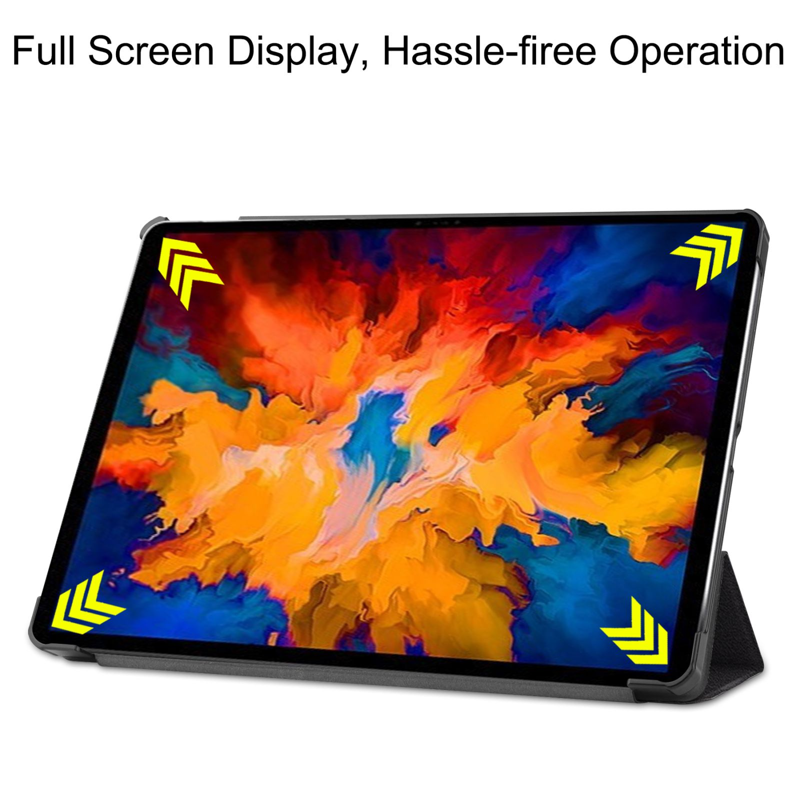 Tablet mit buntem Bildschirmdesign, schwarze Hülle mit gelben Pfeilen an den Ecken.